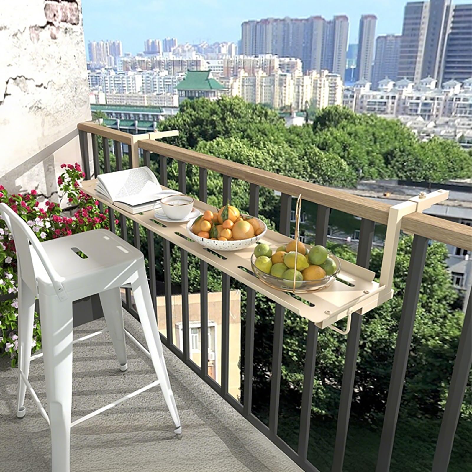 Tavolo da balcone regolabile in metallo per ringhiera – 60 cm (23,6 pollici) bianco tavolo da esterno per giardino terrazza e balcone – Design salvaspazio