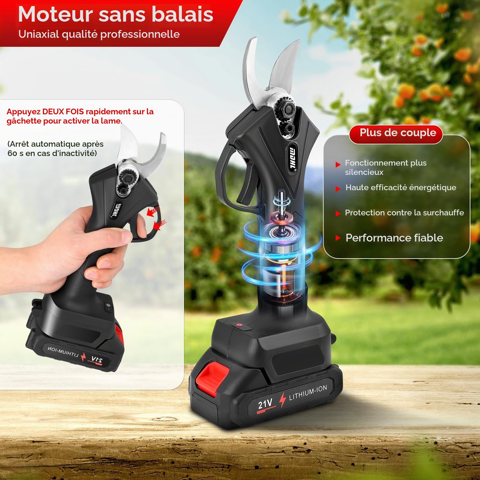 Sécateur électrique sans fil - Diamètre de coupe : 35 mm - Avec 2 batteries rechargeables de 24 V et 2000 mAh - Écran LCD pour tailler les arbres, arbustes, arbres fruitiers