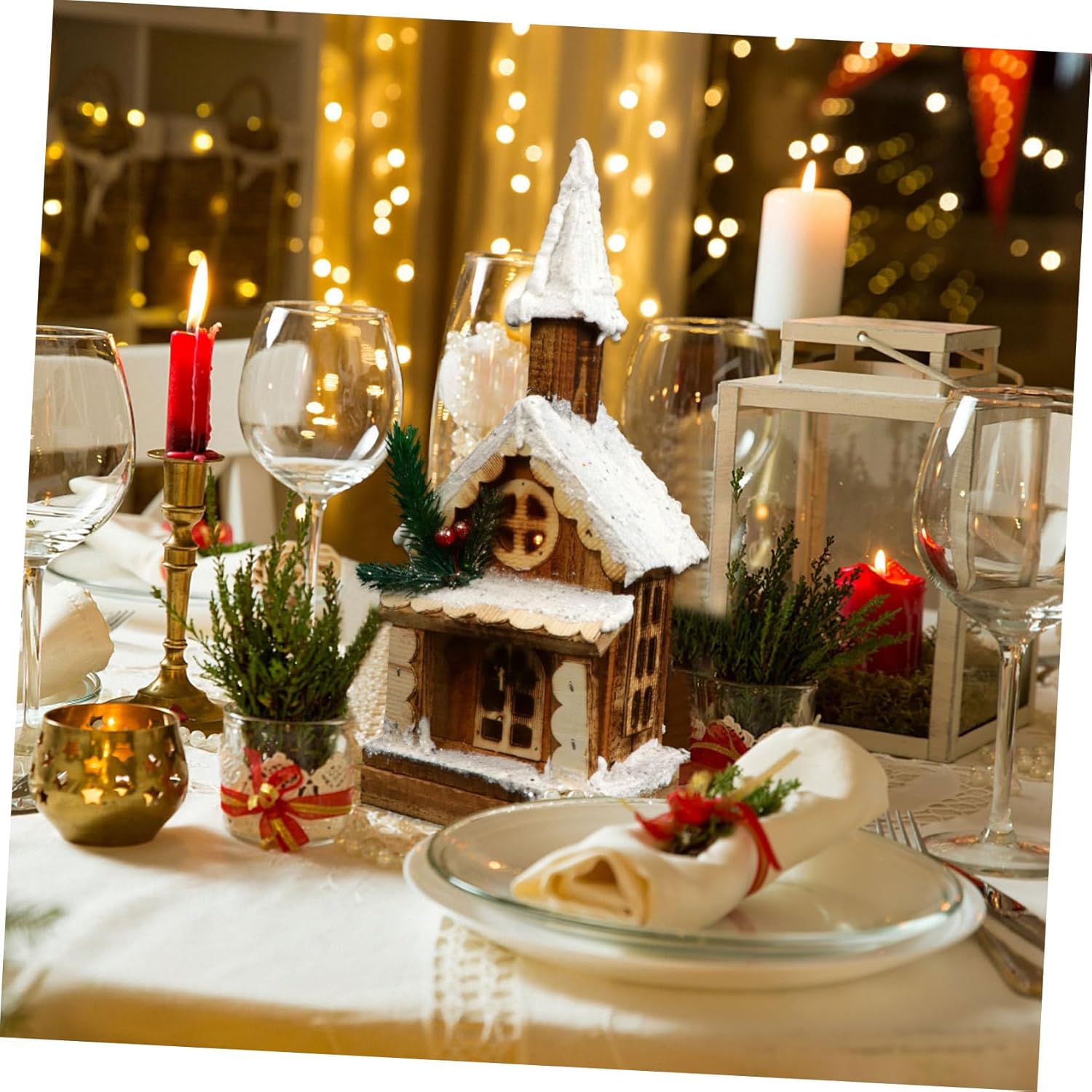 1pc Christmas House Ornament Lighted Xmas Decor for Living Room Bedroom Holiday Scenes Material No Battery Needed