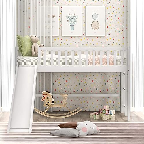 Miniatura 3 de Bellemave Cama alta baja, cama alta tamaño individual con tobogán, base de cama baja de madera con barandillas y escalera lateral para niños, niñas,
