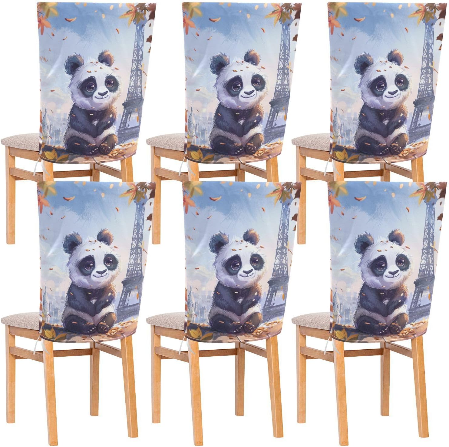 ALAZA Cute Panda Eiffel Tower Chair Back Cover Set of 6, Washable Reusable Removable Chair Slipcovers Decorative Chair Cover for Home Kitchen Wedding Party