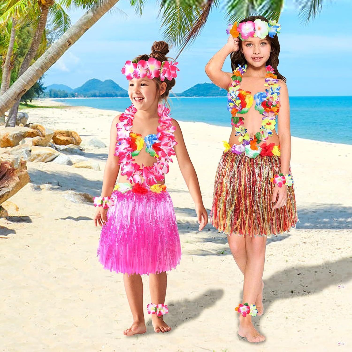 Fortuning's JDS 40cm Girl's Hawaiian Hula Grass Skirt with Flowers Costume for Luau Beach Party Performance Outfits Decor - Image 5