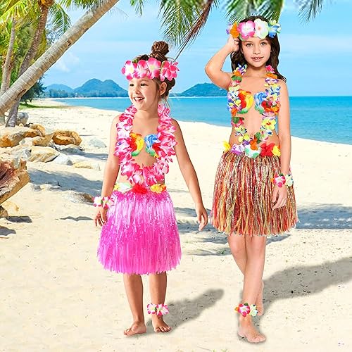 Miniatura 5 de Fortuning's JDS Falda hawaiana de hierba hula para niña de 15.7 in con flores, disfraz para Luau Beach Party Performance Outfits Decor