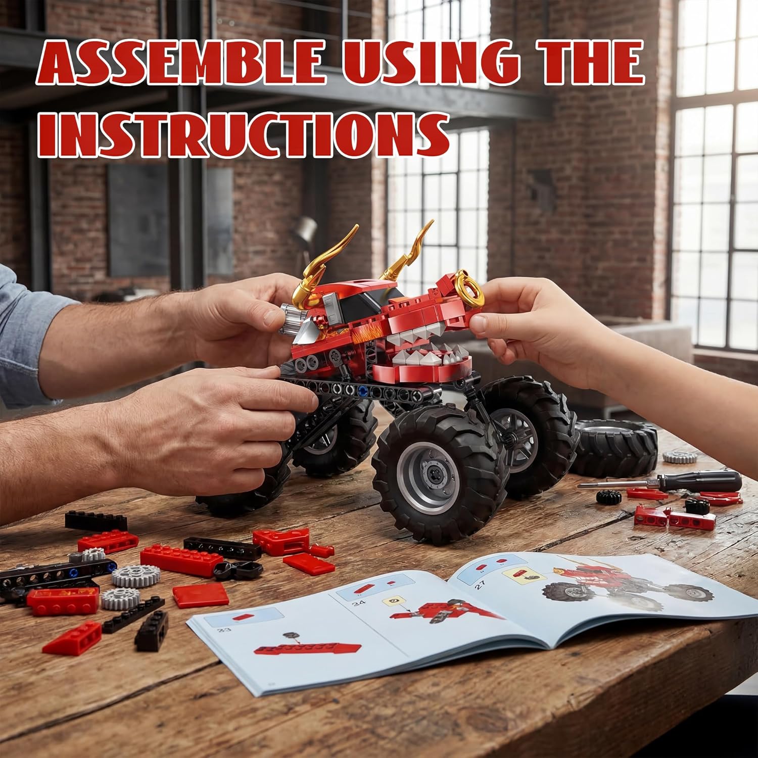 Technic Building Monster Dragon Truck Toy,2in1 Pull Back Car Toys for Off Road Stunts, DIY Building Toy,Monster Truck Toy for Boys and Girls Craft Projects 6+ Years