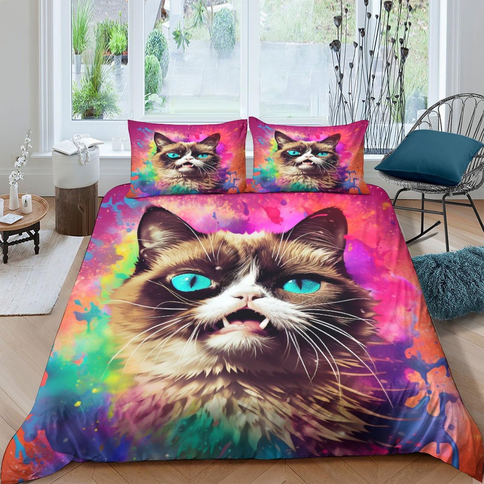 Housse de couette chat 220x240 parure de lit microfibre 3 pièces lit double King
