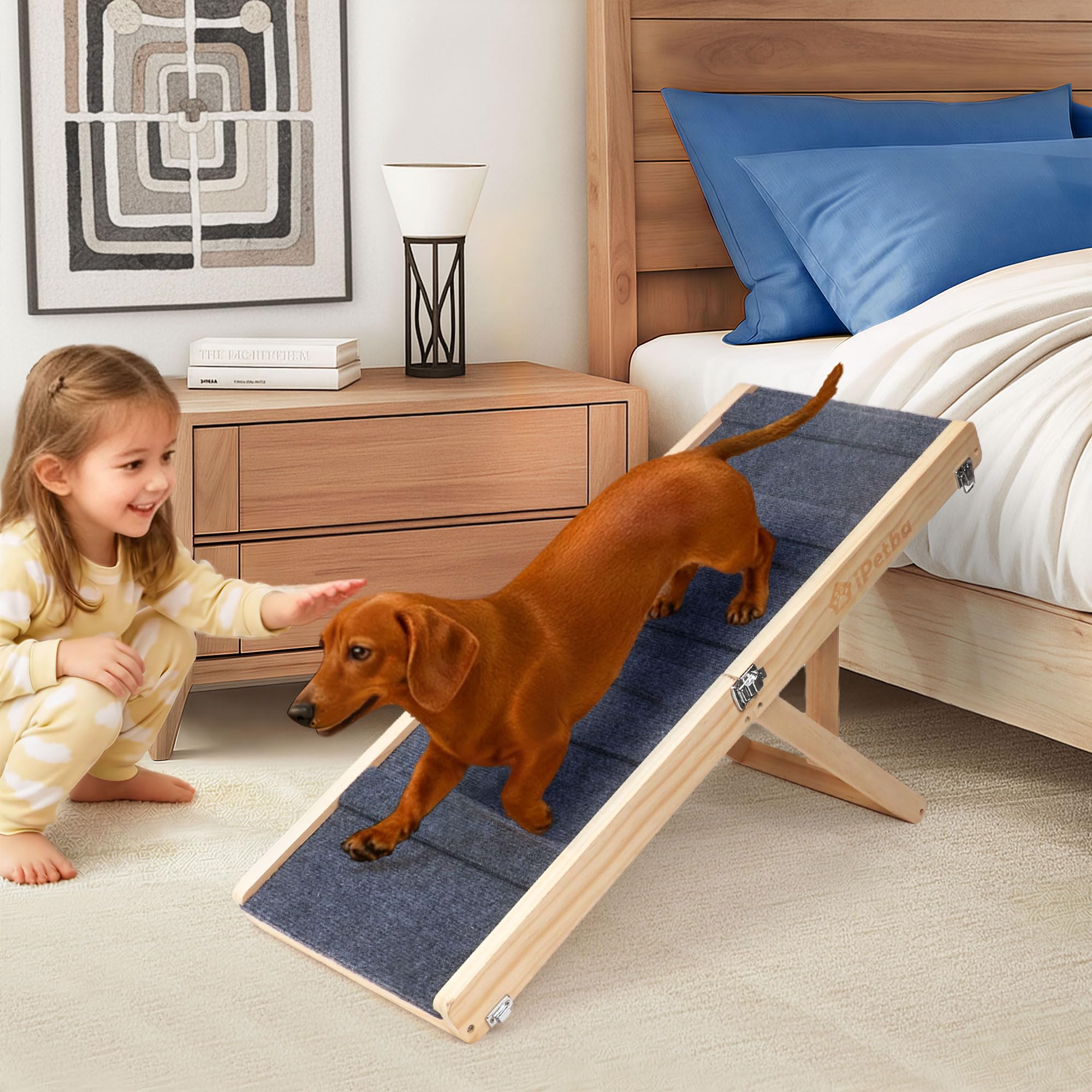 Wooden Folding Dog Ramp for Bed Non-Slip Adjustable Pet Ramp for Couch for Small Medium Doggie 33.1" Long 5 Levels H10.6 to 20.5" with 5 Paw Traction Mat Cat Ramps for Car Sofa (Up to 40 Lbs)