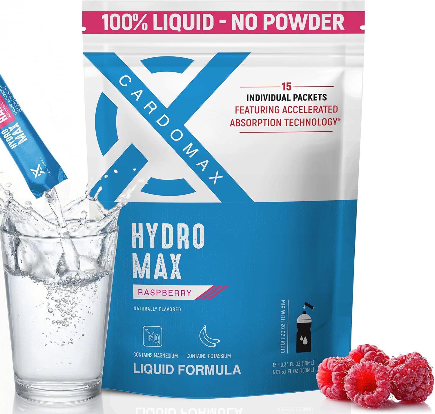 CardoMax Hydration Packets - Hydromax Electrolyte Drink Mix Packets with Sodium, Magnesium, & Potassium - Vegan & Keto-Friendly, Electrolyte Drink Mix - 15 Liquid Hydration Sticks, Raspberry