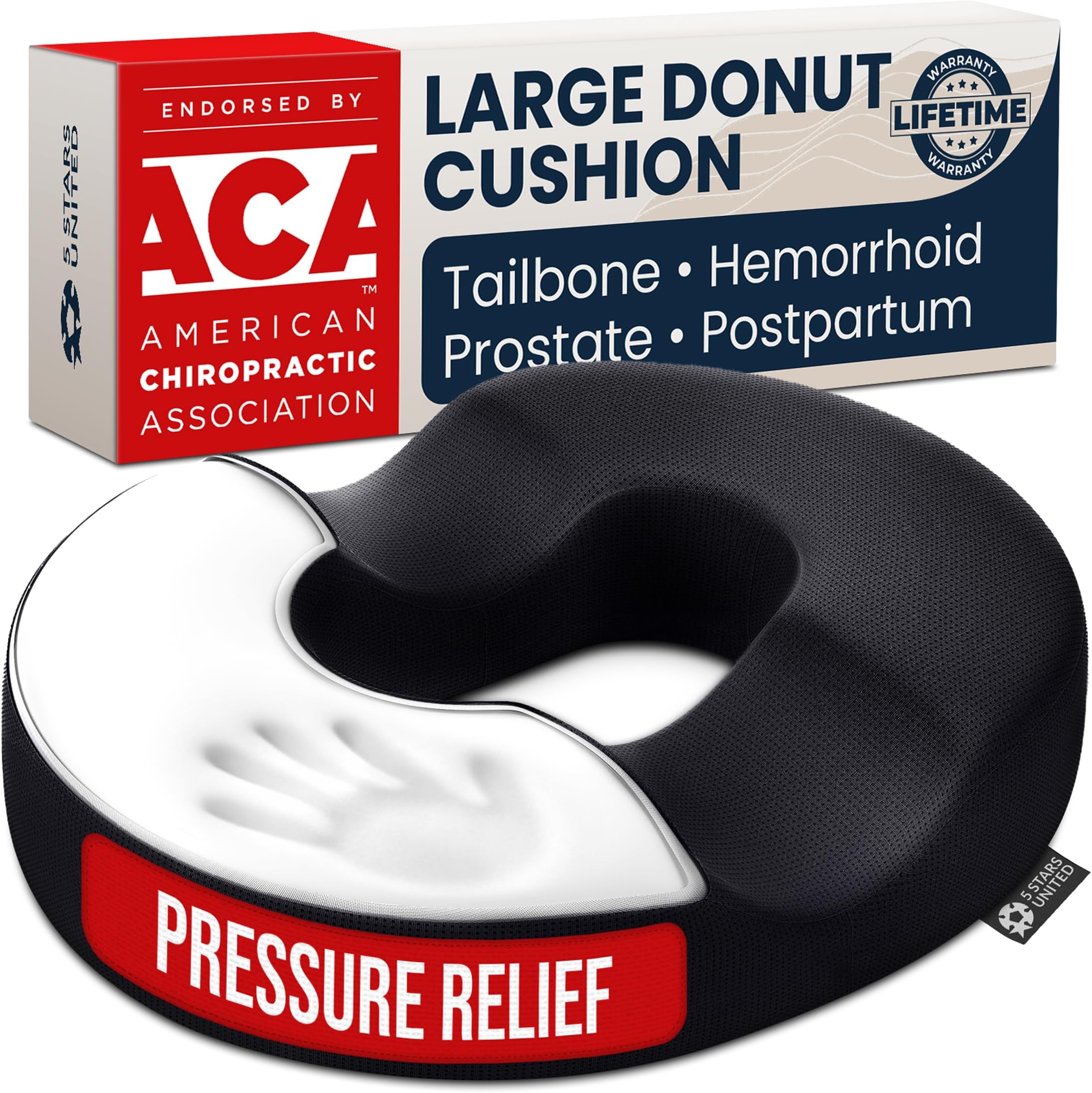 5 STARS UNITED Donut Pillow for Tailbone Pain & Hemorrhoids – Large Orthopedic Memory Foam Seat Cushion for Pressure Relief – Prostate, Postpartum, Pregnancy, Bed Sore, Black Mesh Cover