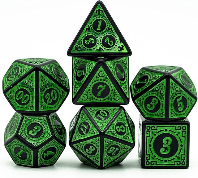 cusdie 7Pcs/Set DND Dice Set D&D Polyhedral Dice for Dungeons and Dragons Pathfinder MTG Role Playing Dice Games RPGs (Green with Black Edge)