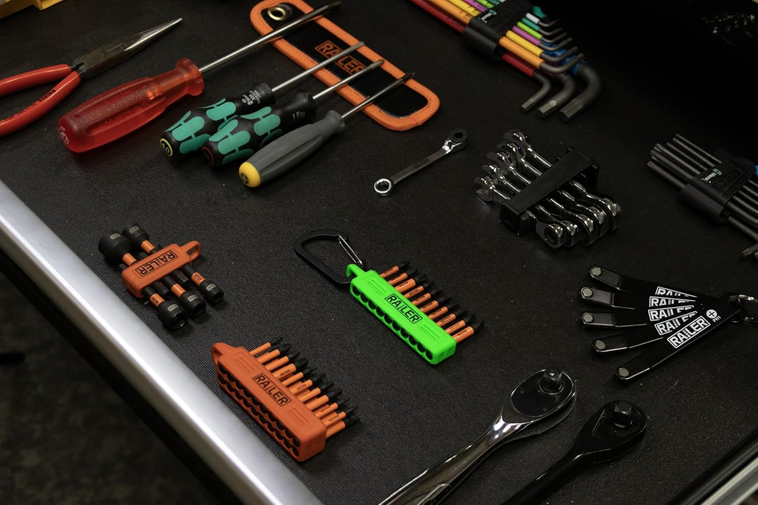 Railer Torx Bit Set - Premium S2 Steel 2 Inch Impact Driver 10-Piece 6 Star Bit Set With A Tool Storage Bit Holder & Carabiner (Hi-Vis Green Bitrail, Standard Bitrail)