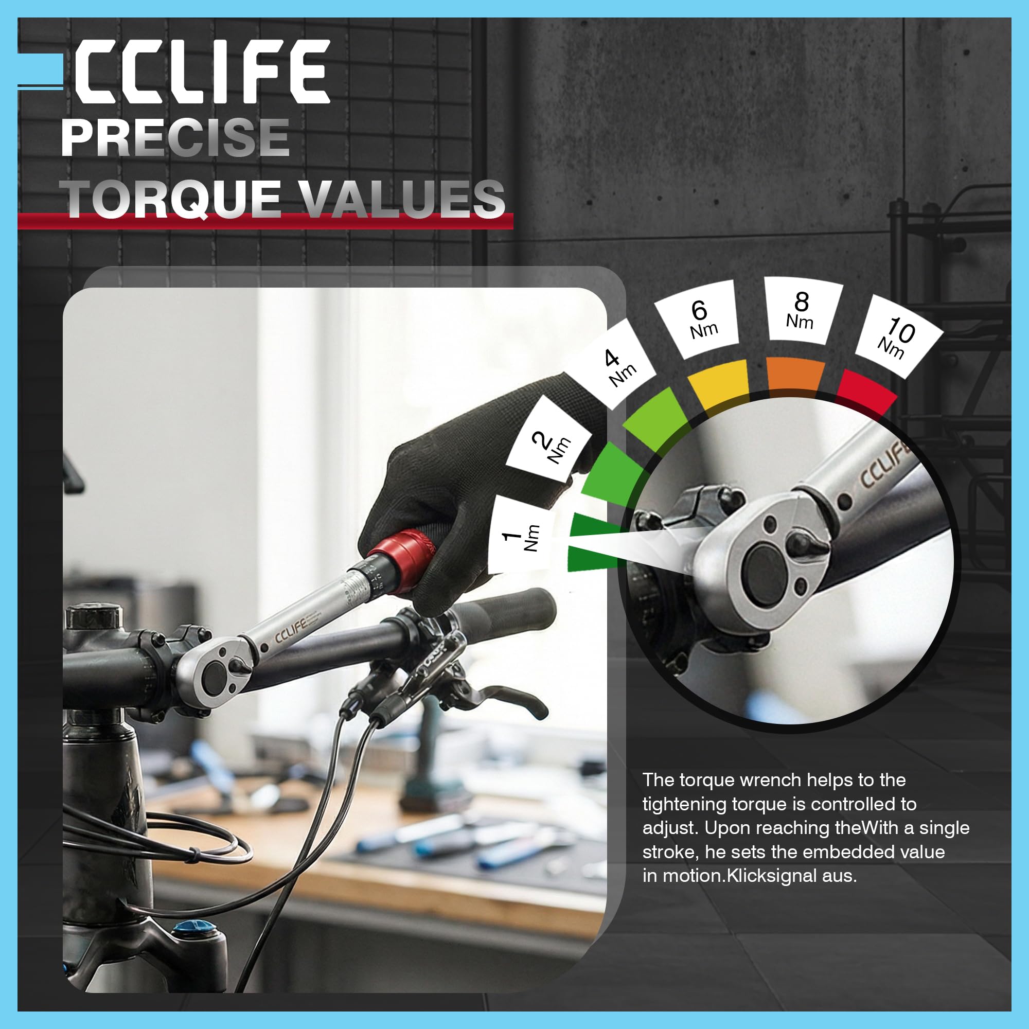 CCLIFE Klucz dynamometryczny 1/4 cala Click 1-25 Nm – precyzyjny moment obrotowy klucz do roweru i motocykla, niezawodne kliknięcie, łatwe ustawienie skali do warsztatu i prac typu "zrób to sam"