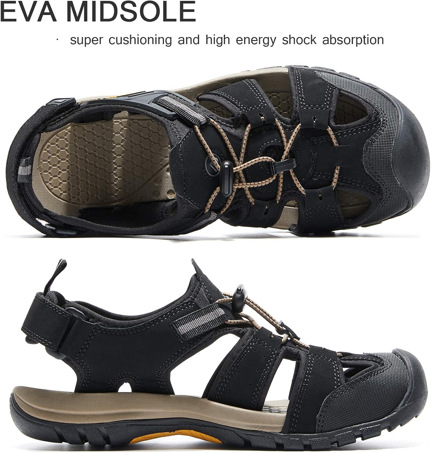 AMIDEWA Men's Sports Sandals Closed Toe Outdoor Water Shoes for Athletic Fisherman Beach Hiking Walking - BLACK - 9