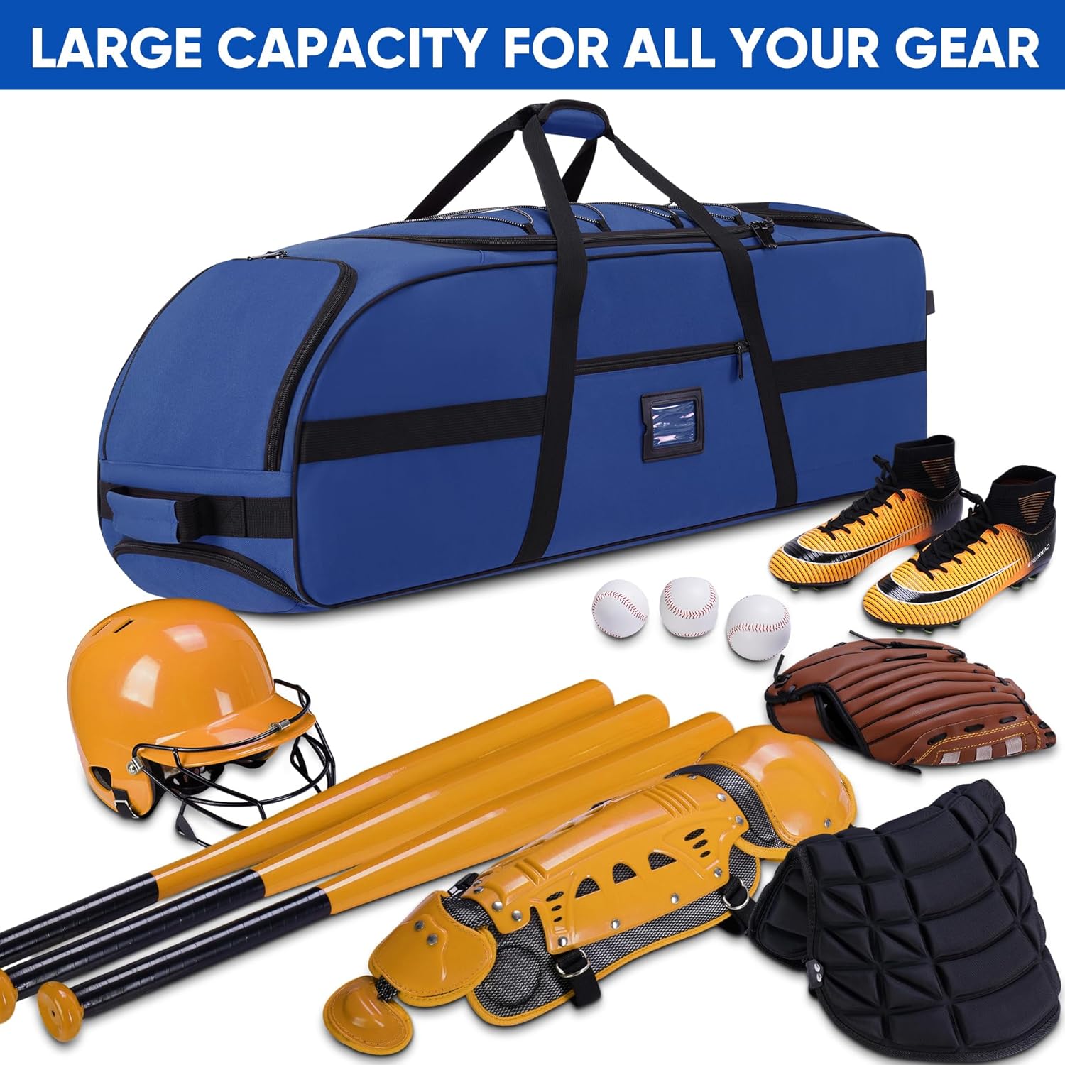 Large Rolling Catcher Gear Bag, Soft Baseball Bag With Wheels for 4 Bats, Multi-Pockets, Fence Hook, Holds All Softball Baseball Equipment - Image 3