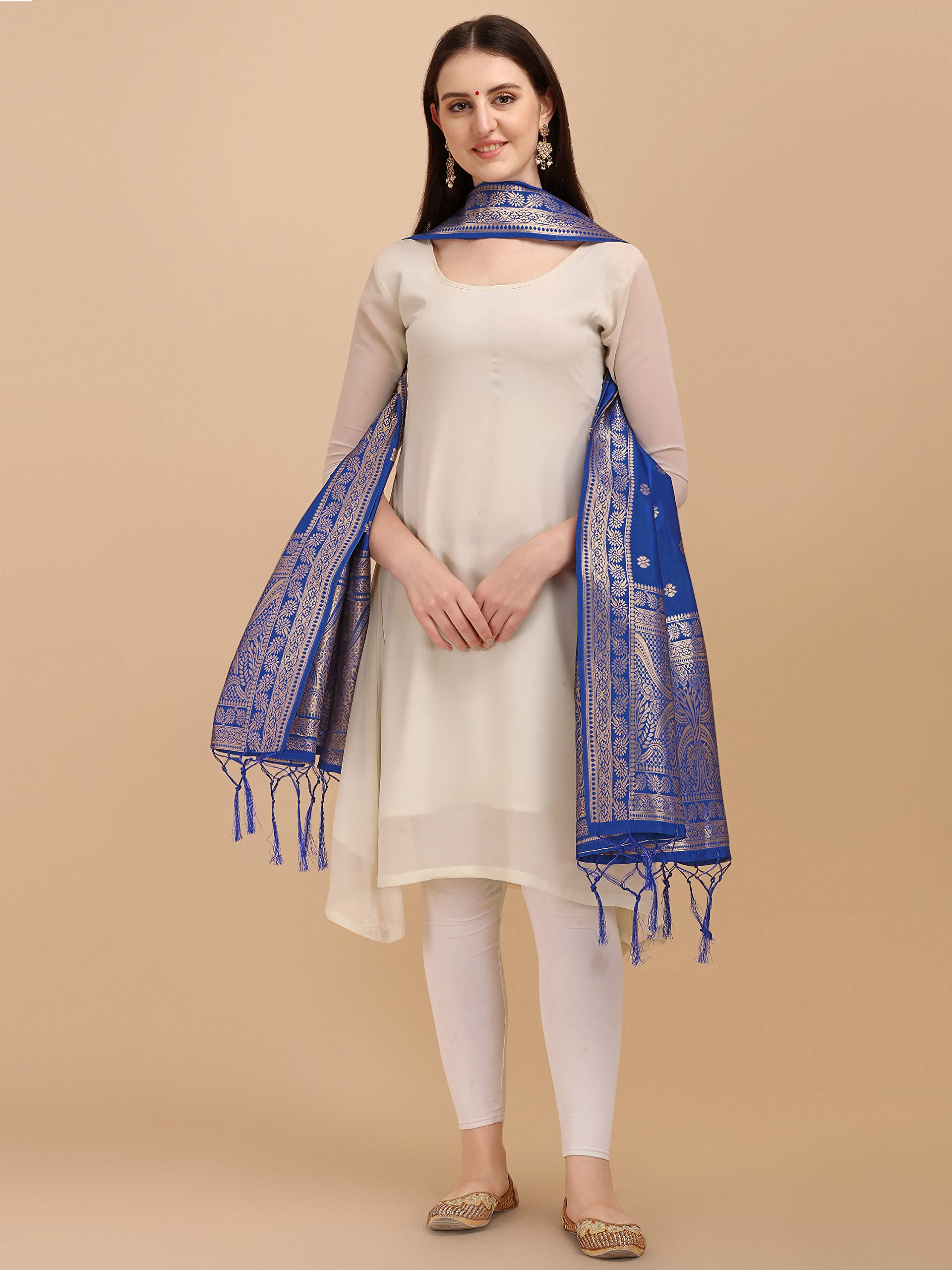 DEVANGI Women's Woven Banarasi Silk Zari Dupatta/Chunni, Width 1 Meter, Length 2.5 Meter (OM-DT-06-ROYALBLUE) 2