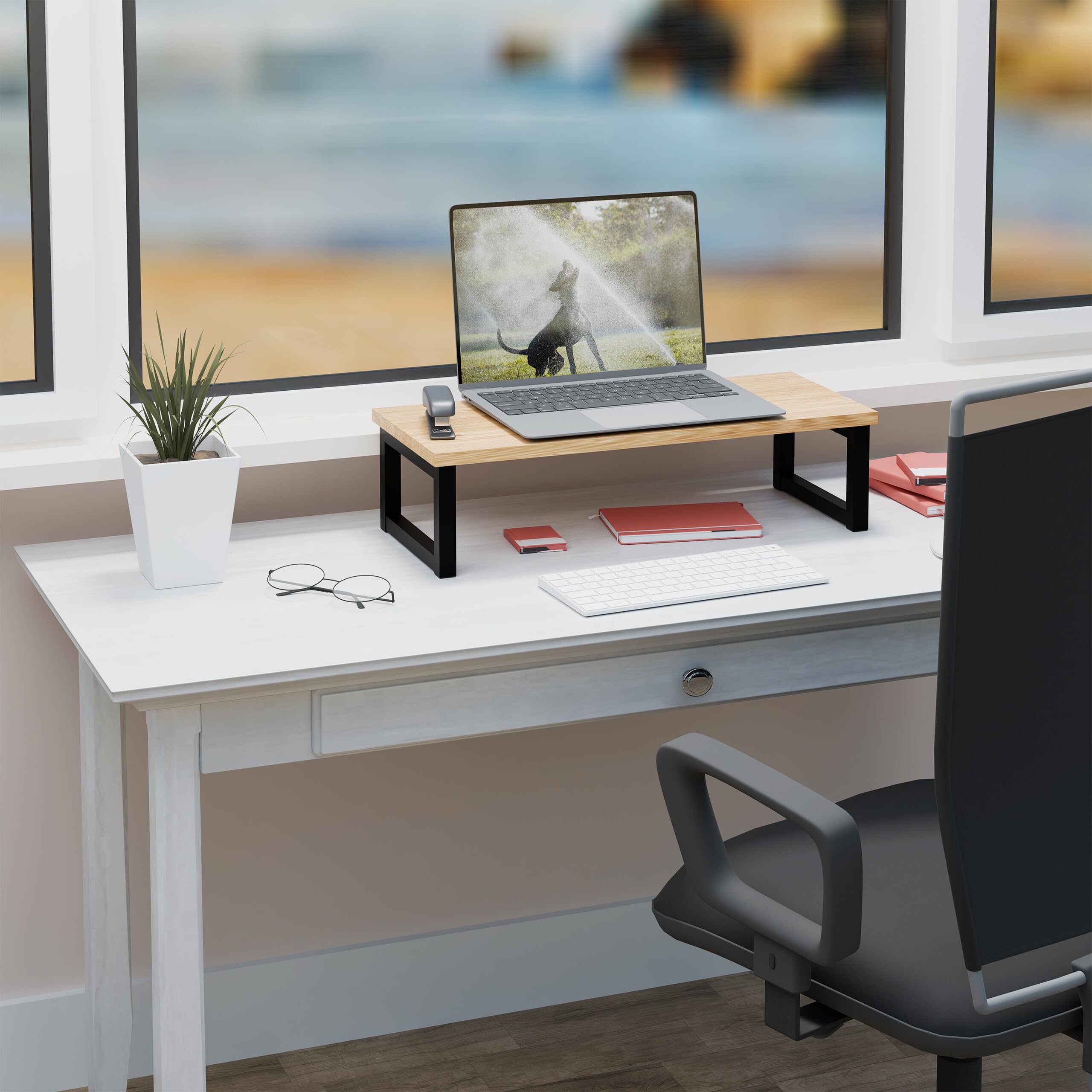 Relaxdays Supporto per Monitor, Alza Schermo PC per Scrivania, HLP: 15x55x23 cm, Organizer Ufficio, Ferro, Legno Nero