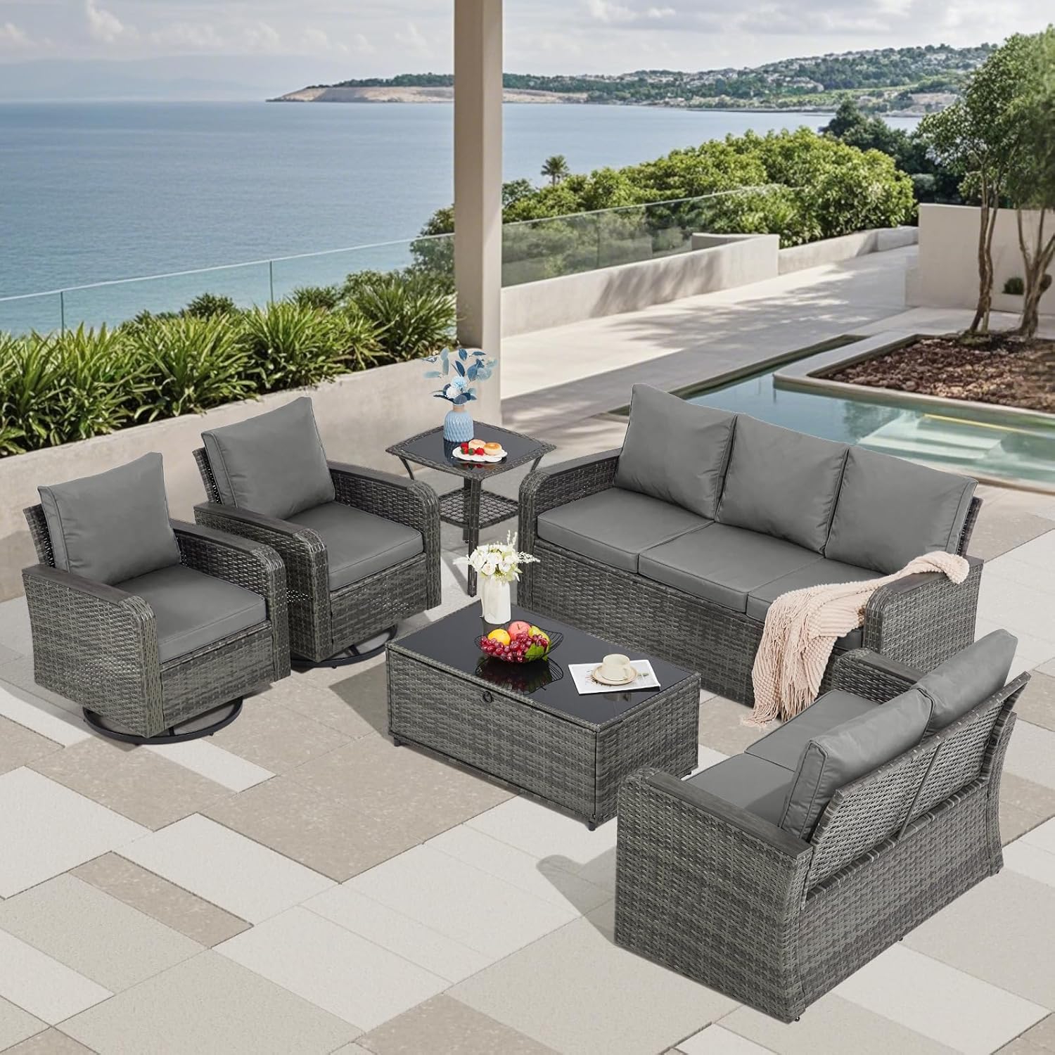 6 Pieces Patio Furniture Sets with Swivel Chairs, Outdoor Furniture Set Sofa Couch for Porch Deck Bistro Lawn Garden Backyard Poolsid- Grey