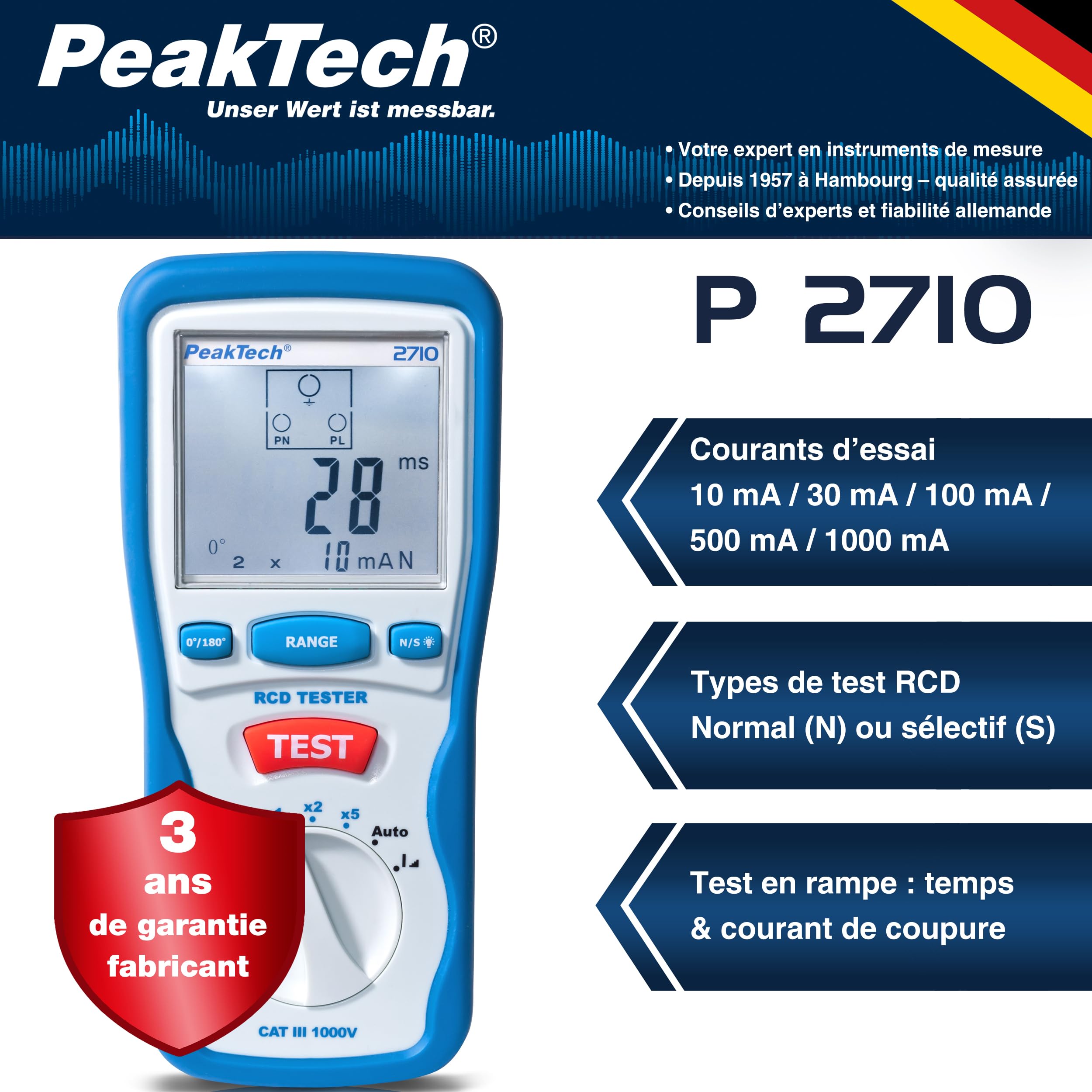 PeakTech P 2710 - Testeur FI Numérique avec Grand Écran LCD, Disjoncteur Différentiel RCD, Boîtier Double Isolation, pour Réseau 230V/50Hz - CAT III 600 V