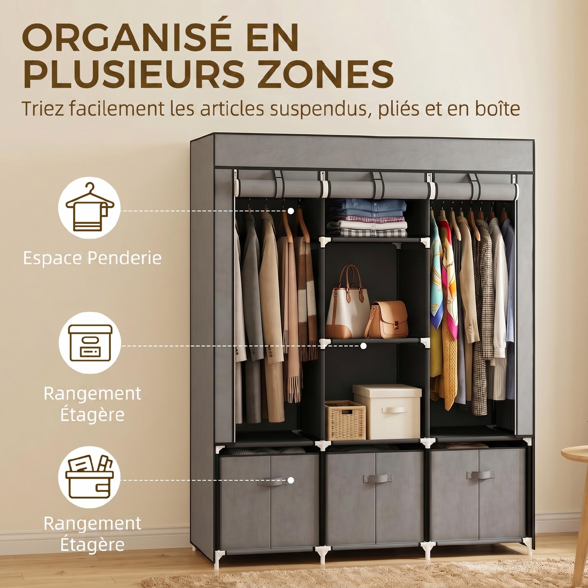 HOMCOM Armoire de Rangement en Tissu penderie Pliable avec 5 étagères, 2 Barres de Suspension et 3 tiroirs en Tissu - 125L x 43l x 162.5H cm, Gris