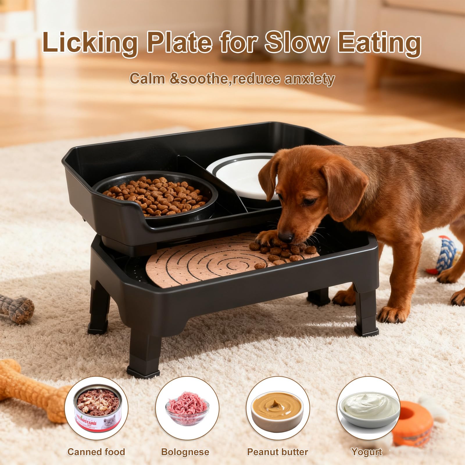 Cuenco elevado para perros, soporte elevado ajustable de 4 alturas con 2 cuencos y comedero lento, para perros grandes, medianos y pequeños (altura ajustable de 6.3 pulgadas, 11.4 pulgadas, 13