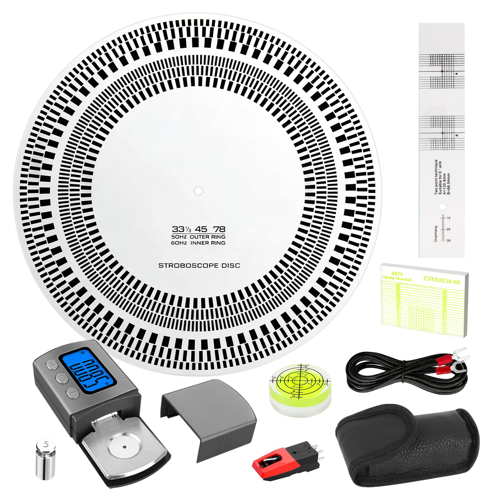 Set di 7 strumenti per giradischi digitale con puntina per giradischi, puntina per giradischi, sostituzione verticale dell'angolo di tracciamento e righello azimutale per tonearm cartuccia fono
