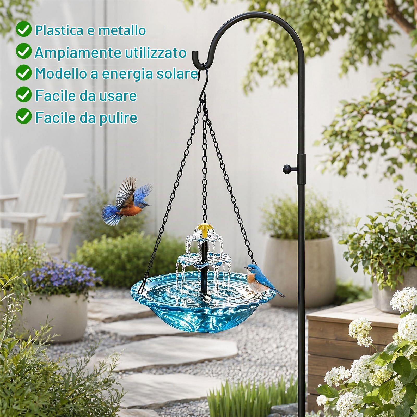 HENGBIRD Bagno per Uccelli da Appendere, Fontana Solare da Giardino - Vaschetta Blu Leggera con Cascata, Abbeveratoio per Uccelli per Balcone, Terrazzo ed Esterno