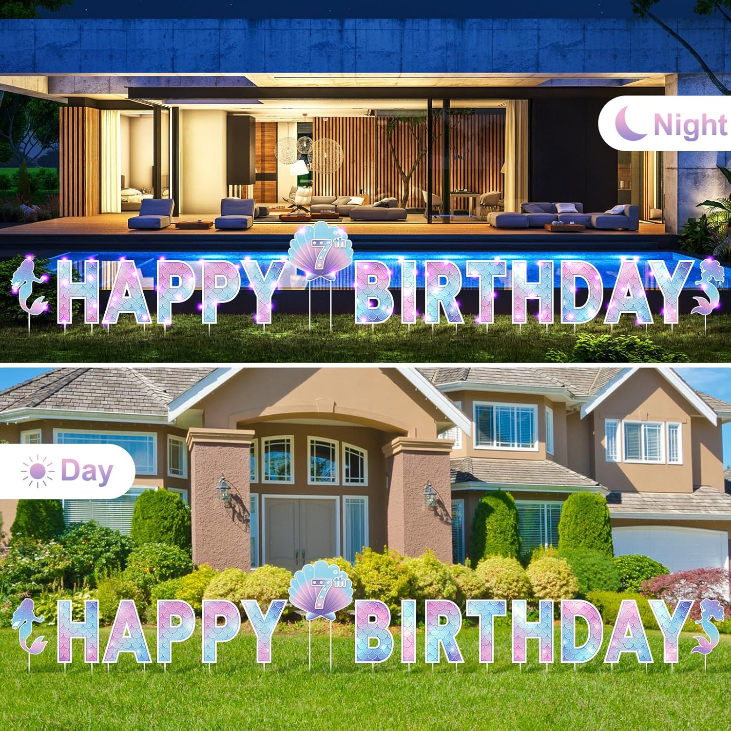 Yerliker 16 Pcs Happy Birthday Yard Signs with Stakes, 32.8 ft LED Lights, 42 Pcs Number Stickers, 13.4 Inch Letters Signs for Birthday Party Supplies Yard Lawn Outdoor Decoration(Mermaid)
