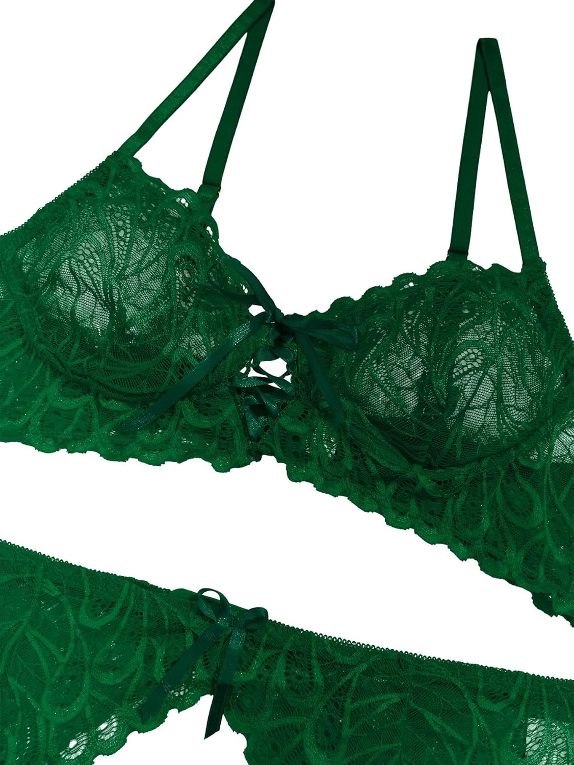 Lilosy Sexy Bow Feather Floral Lace Sheer Underwire Push Up Garter Lingerie Set - Image 6