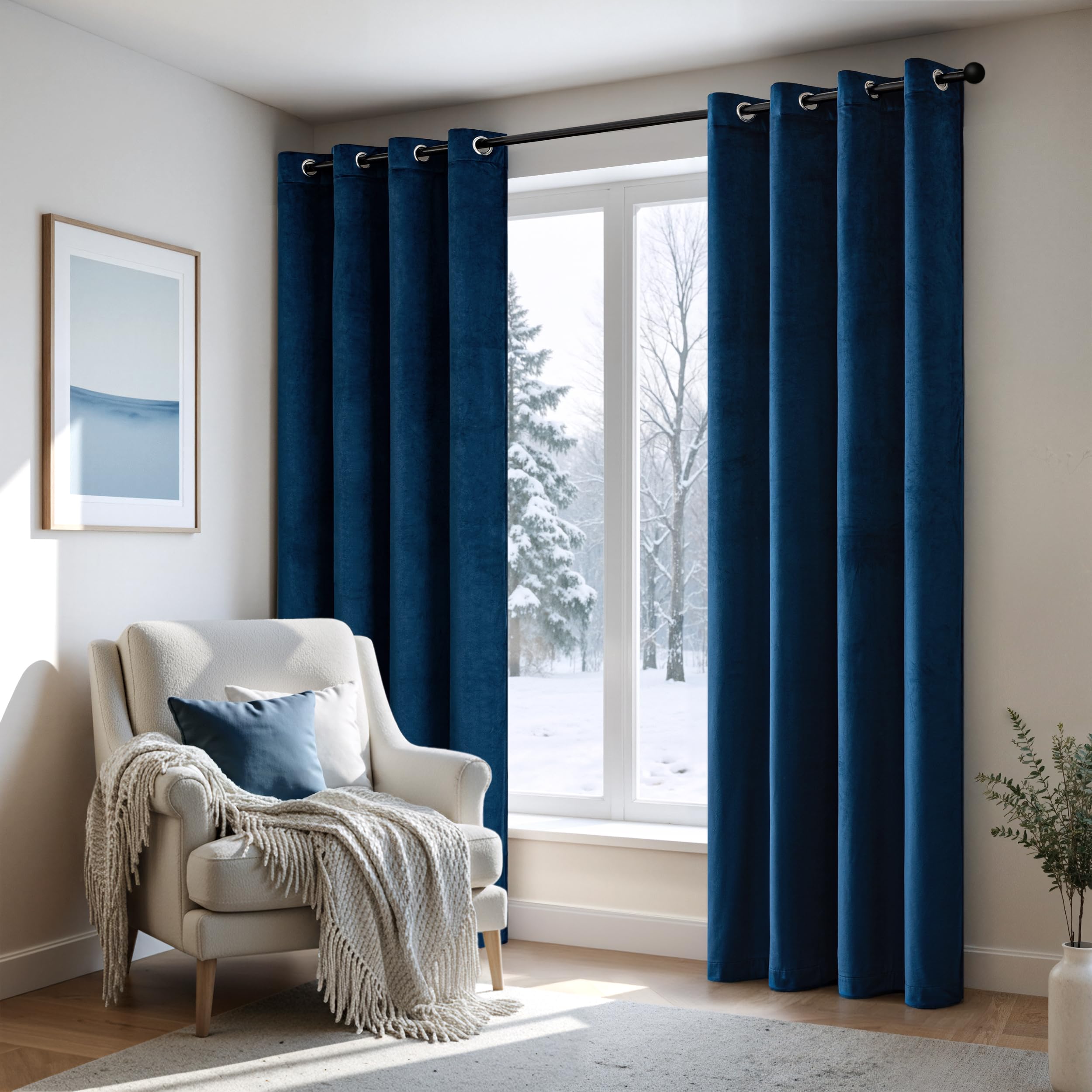 MIULEE Rideau Velours Bleu 1 Pièce Double Epais Matelassée Oeillets | Rideau Occultant Thermique Isolant Anti Froid Chaleur, Adapté Pour Fenêtre et Porte D'entrée Maison