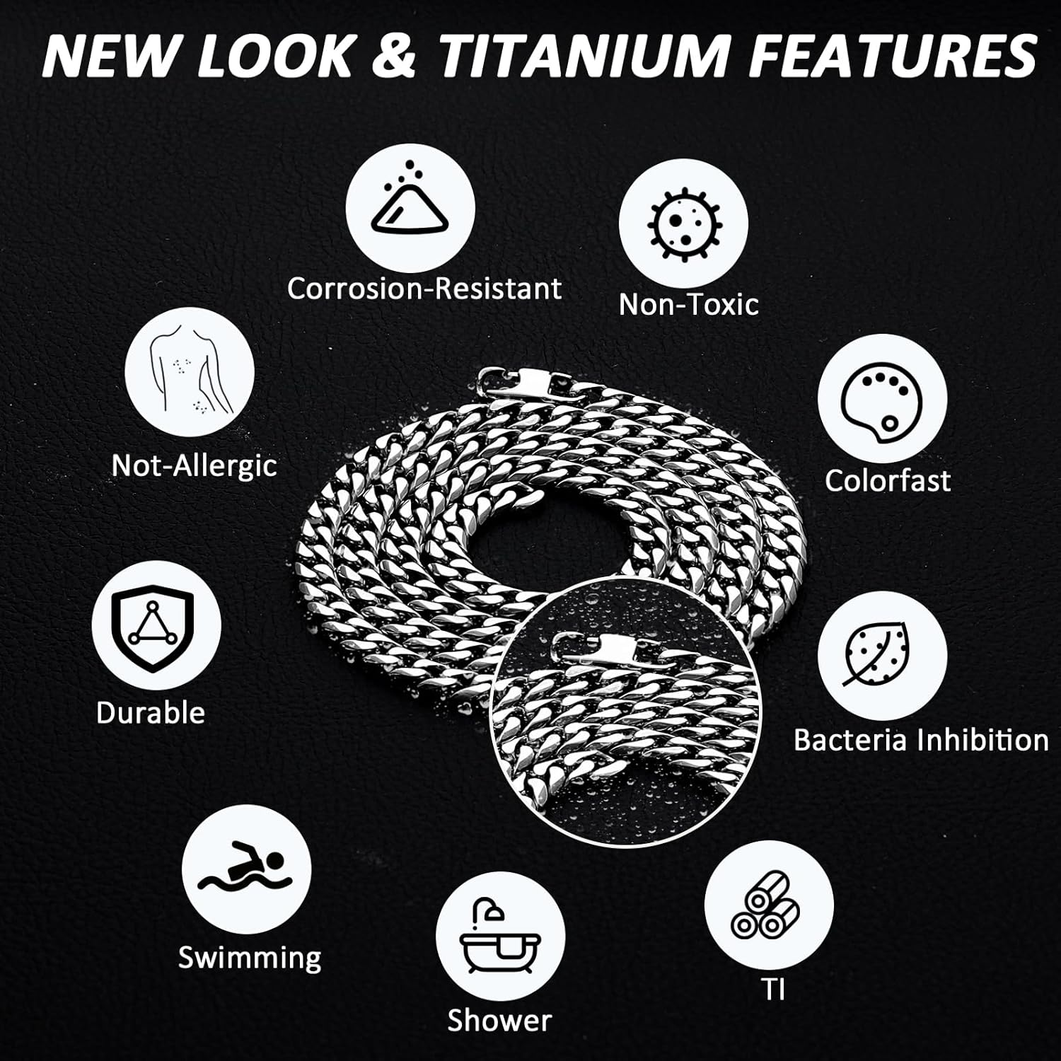 SanThree 7MM Pure Titanium Cuban Link Chain Necklace Valentines Gift for Him, Diamond Cut Skin Friendly Solid Titanium Chunky Double Tight Curb Chain Necklaces for Men Women Sensitive Skin Hip Hop Jewelry