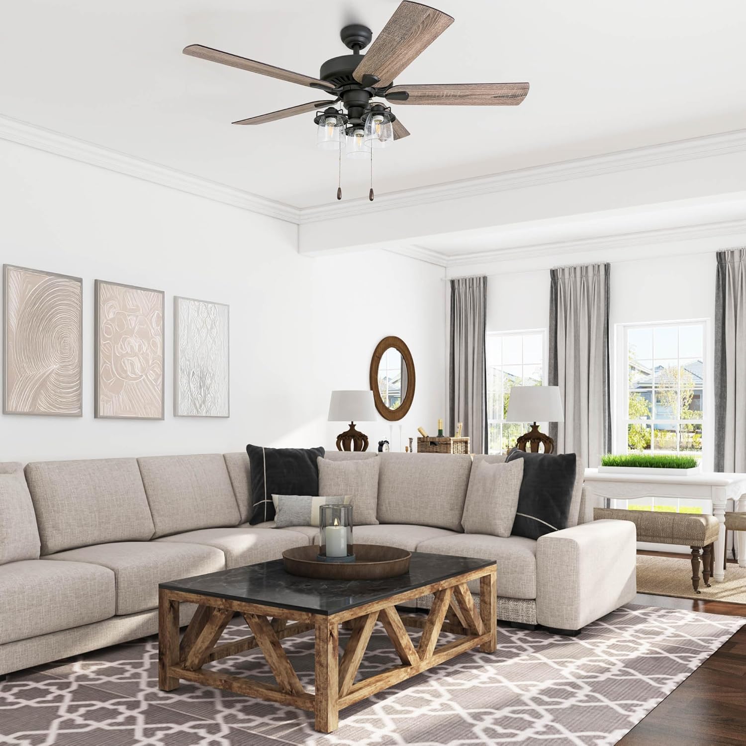 Prominence Home Briarcrest, 52 Inch Farmhouse LED Ceiling Fan with Light, Remote Control, Three Mounting Options, 5 Dual Finish Blades, Reversible Motor - 50749-01 (Bronze)