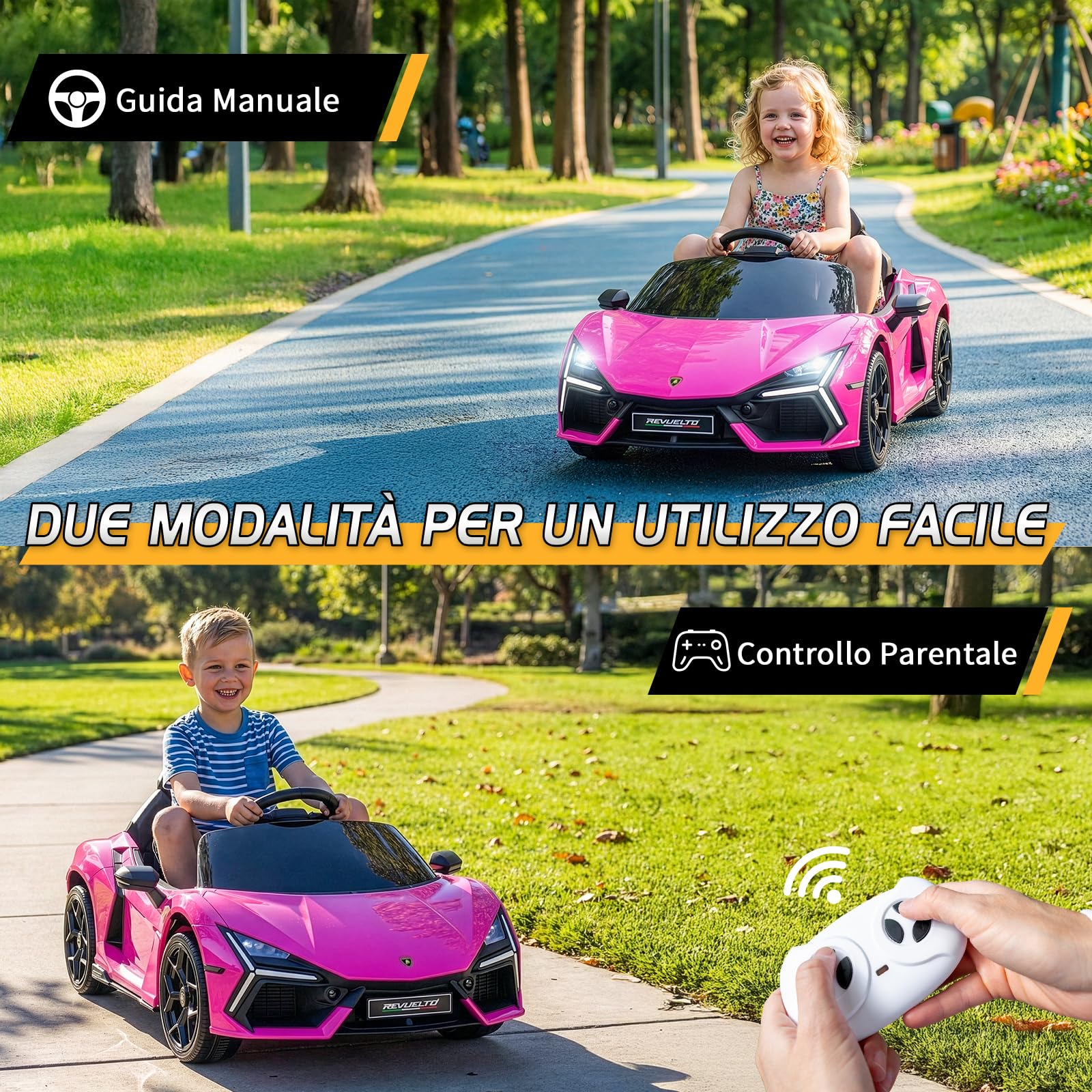 LALAHO Auto elettrica per bambini LAMBORGHINI REVUELTO 12 V (Rosa) | Doppi Motori, Telecomando 2.4 GHz, MP3, Sospensioni, Auto Elettrica per Bambini 3-5 Ann