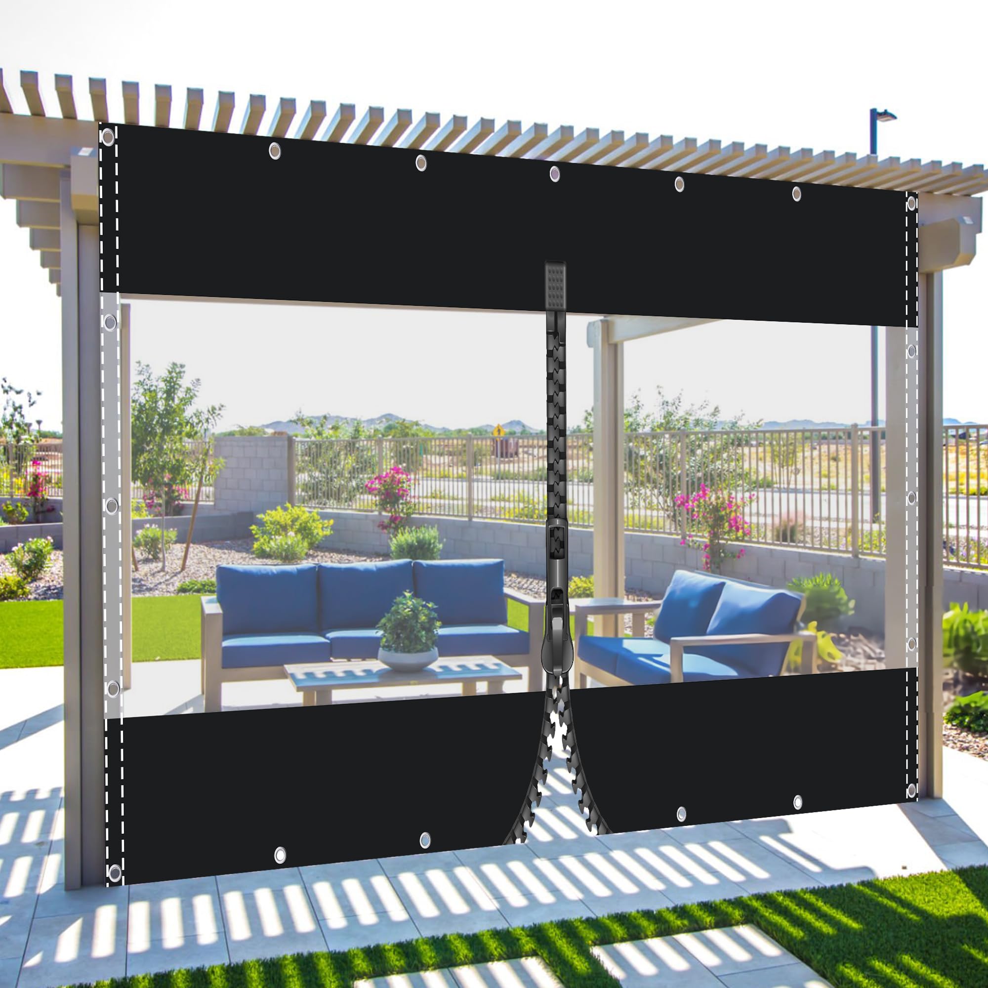 TMGJShd Transparent Tarpaulin - Heavy Duty Waterproof PVC Sheet, 2.2mx3.4m Black+Clear Tarp with Eyelets and Zipper, 0.5mm Thick, Dust Proof for Garden, Garage, Gazebo, Terrace, and Outdoor Use.