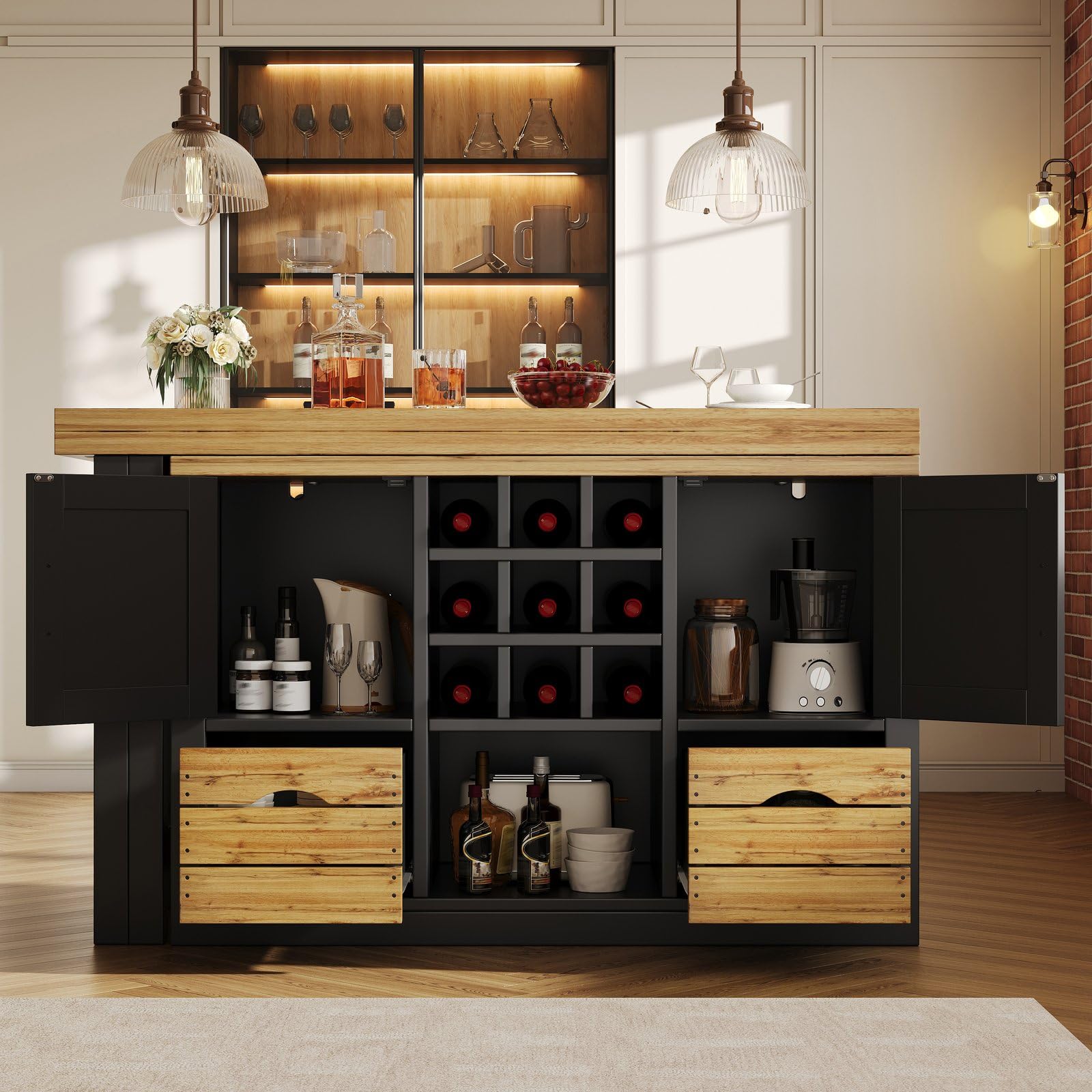 KOMHTOM îlot Central Cuisine Extensible,Noir,120-197 cm,avec Rangement