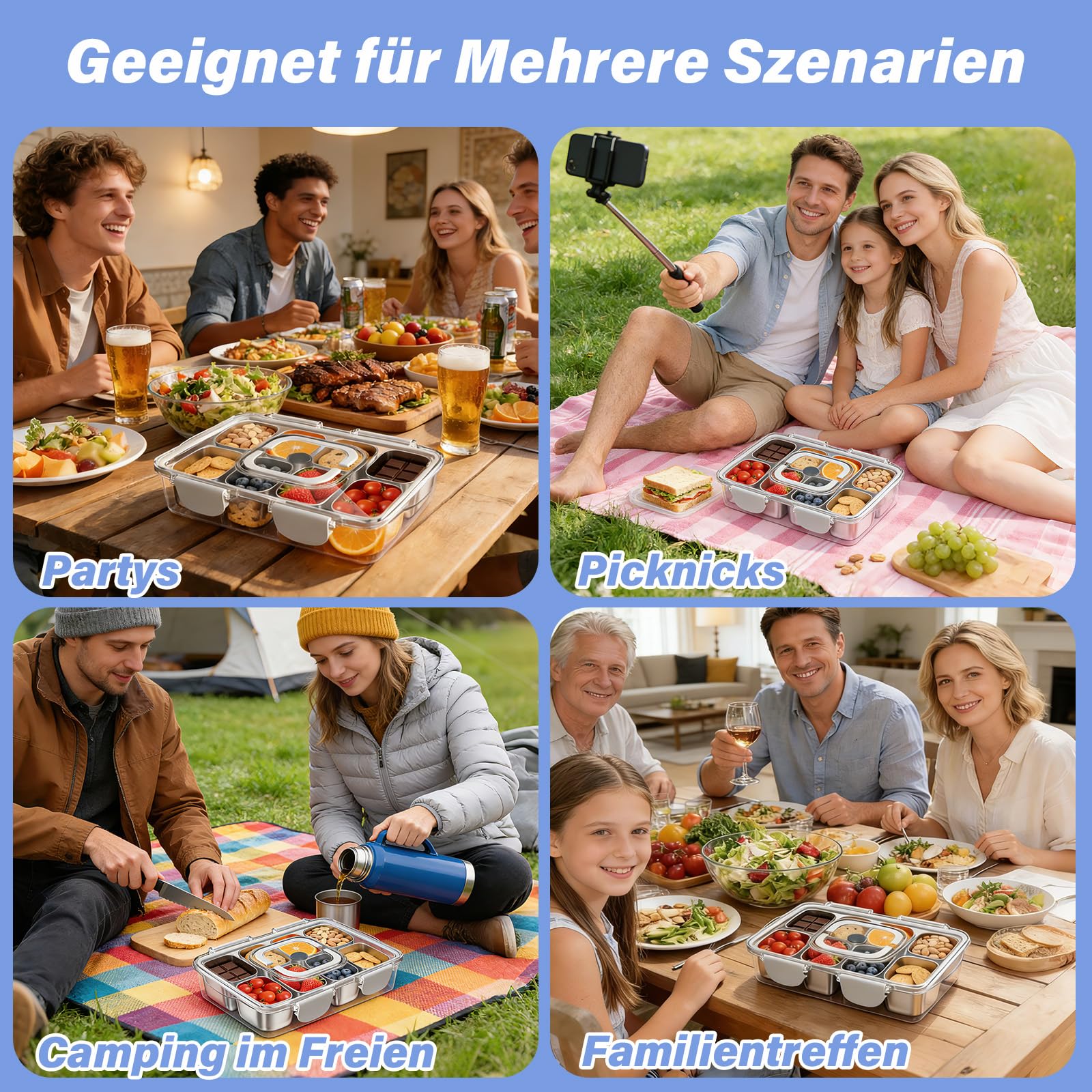 Snackbox Edelstahl mit 8 Fächern, Tragbar & Auslaufsicher, Spülmaschinenfest