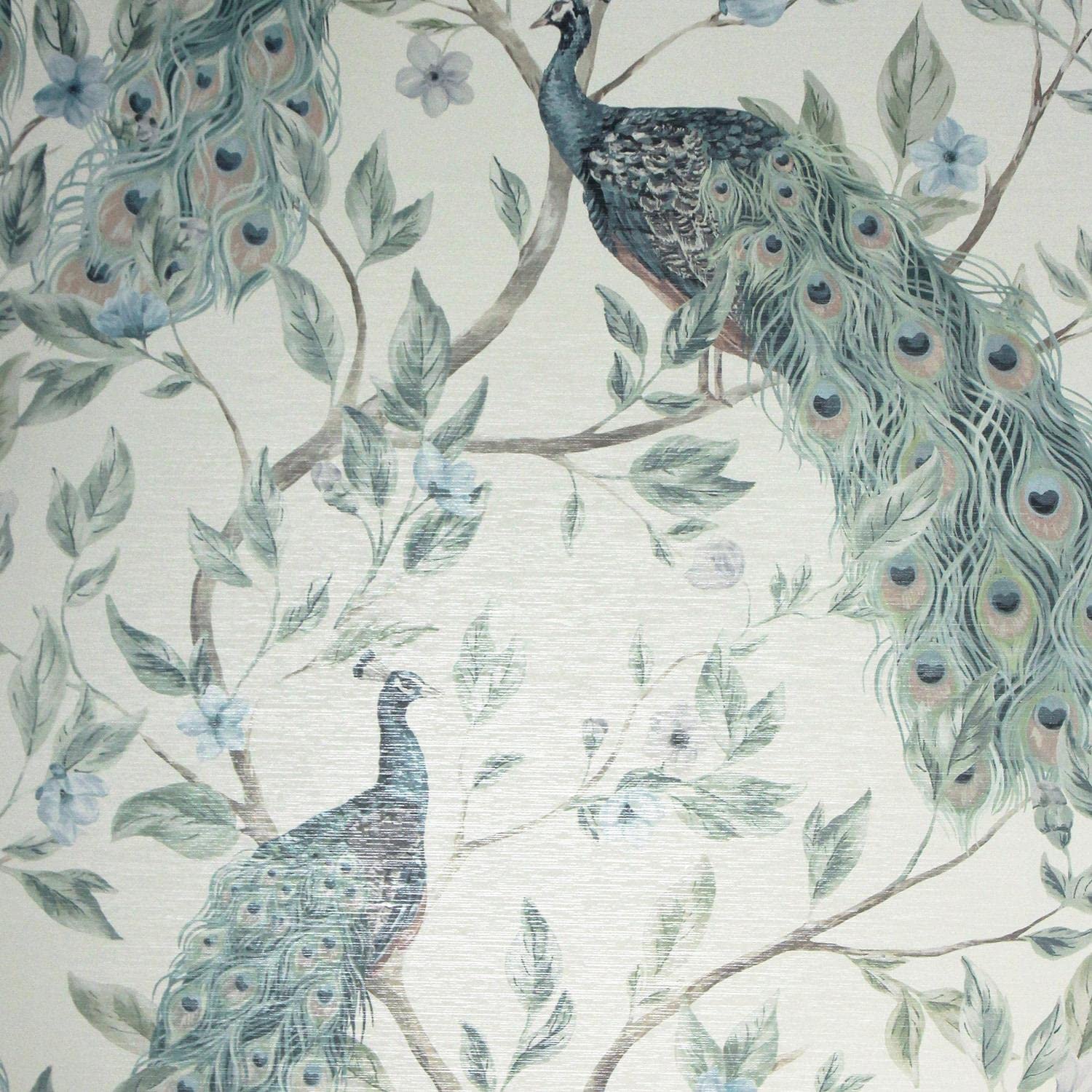 Yöl Blue,Navy,Silver Keeka Bird Navy Blue Wallpaper - Peacock Nature Floral Flowers Feathers Leaves - Modern Feature Wall Metallic Silver