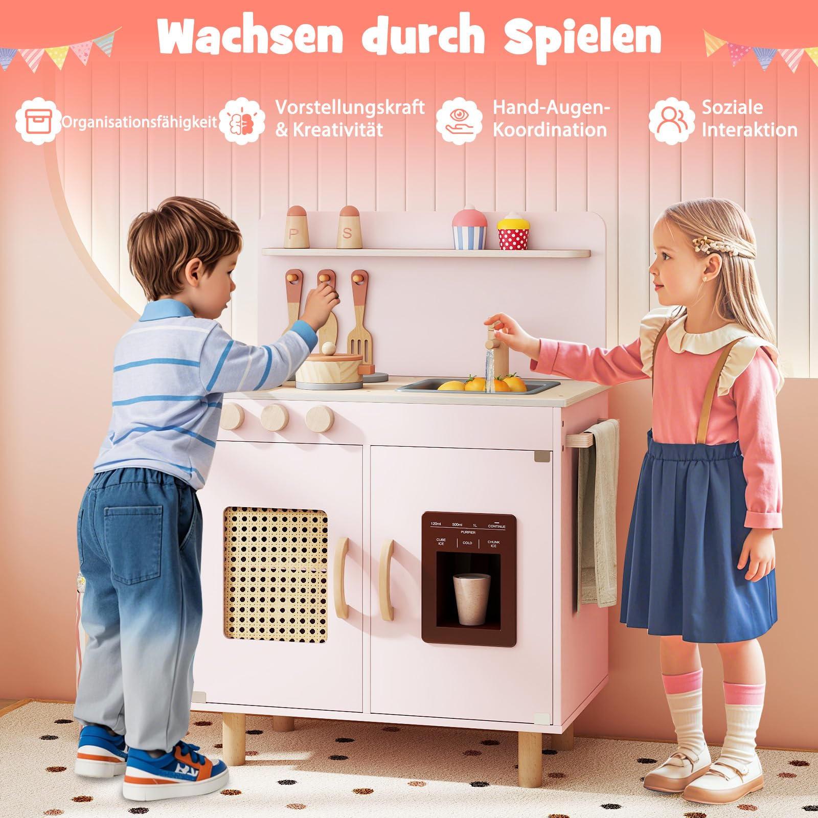COSTWAY Kinderküche, Kinder Spielküche inkl. Zubehör mit Herd, Wasserspüle & Eismaschine, Spielzeugküche mit Stauraum, Holzküche für Jungen & Mädchen ab 2 Jahren (Rosa)