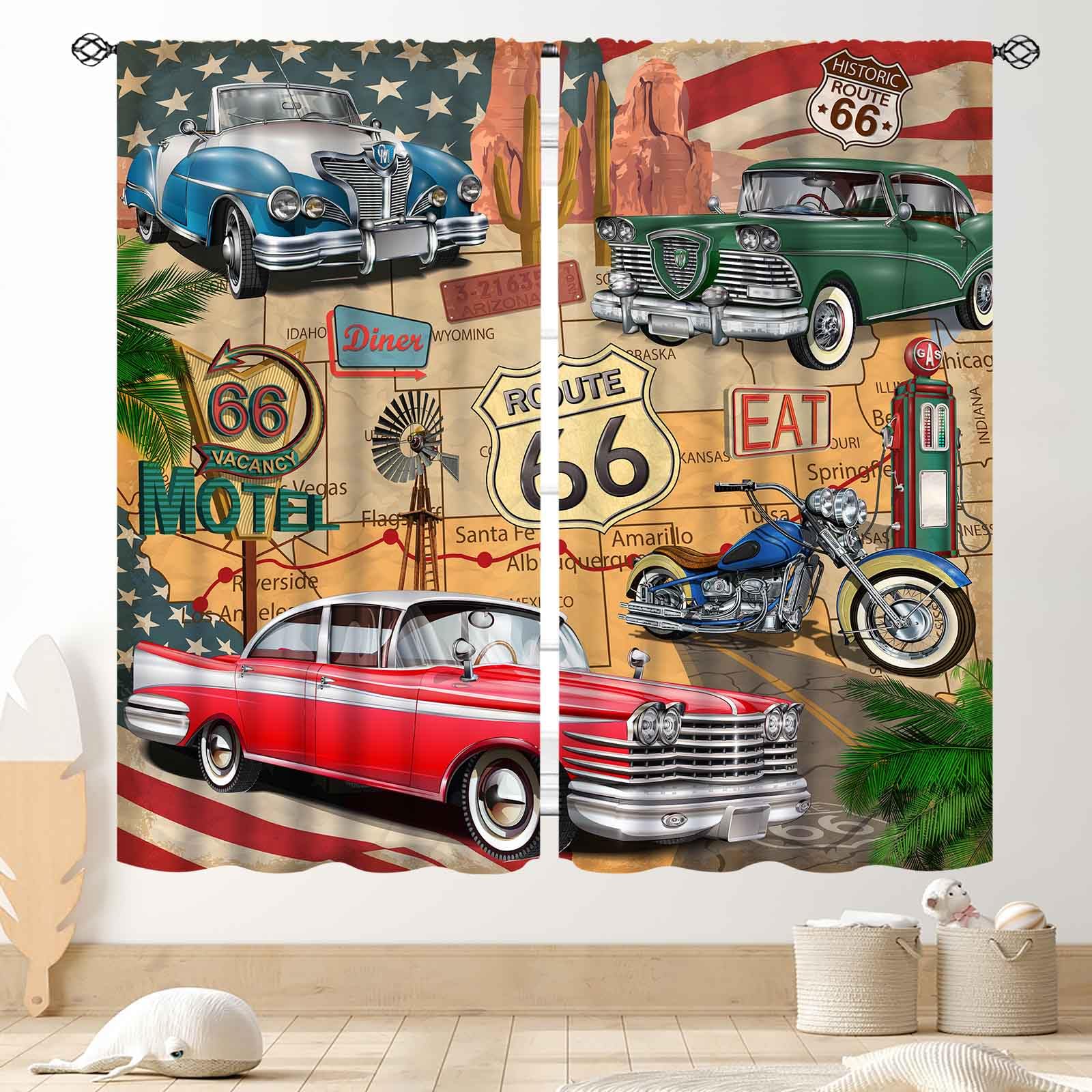 Route 66 Road Curtains for Boys Man Room, Rustic Vintage Classic Car Motorcycle Biker Country Western Retro Man Cave Window Drapes Treatments for Living Room Bedroom Garage Home 2 Panels, 52"x84" Inch