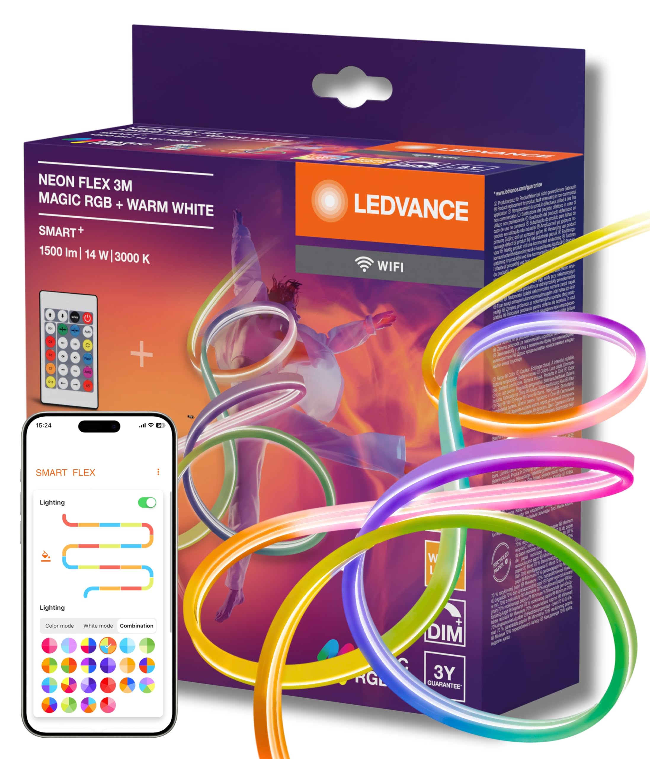 LEDVANCE SMART WIFI NEON FLEX MGC RGB TW RC tira de LED de colores y blanca para uso exterior WiFi y distribución homogénea de la luz;regulable;blanca;silicona;3 m