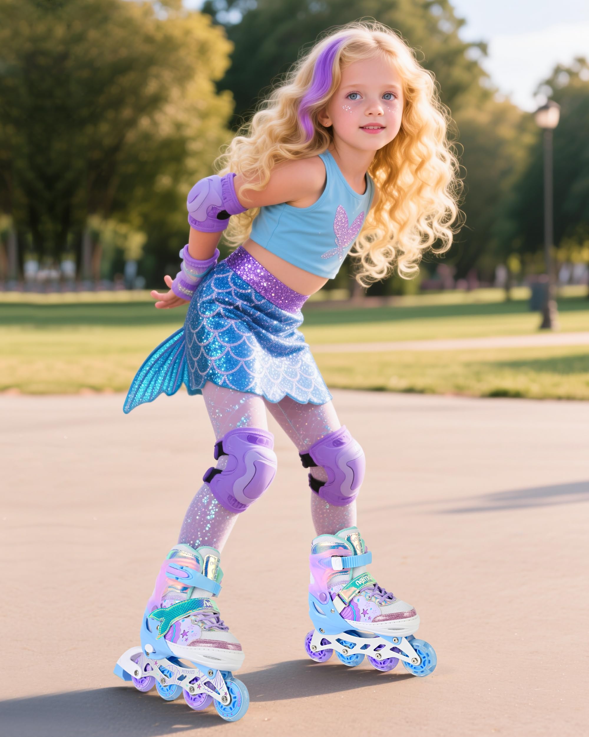 NEMONE Sirènes Rollers en Ligne Filles Réglable 4 Roues Rollers en Ligne pour Enfants et Débutants Cadeau Noël et Anniversaire