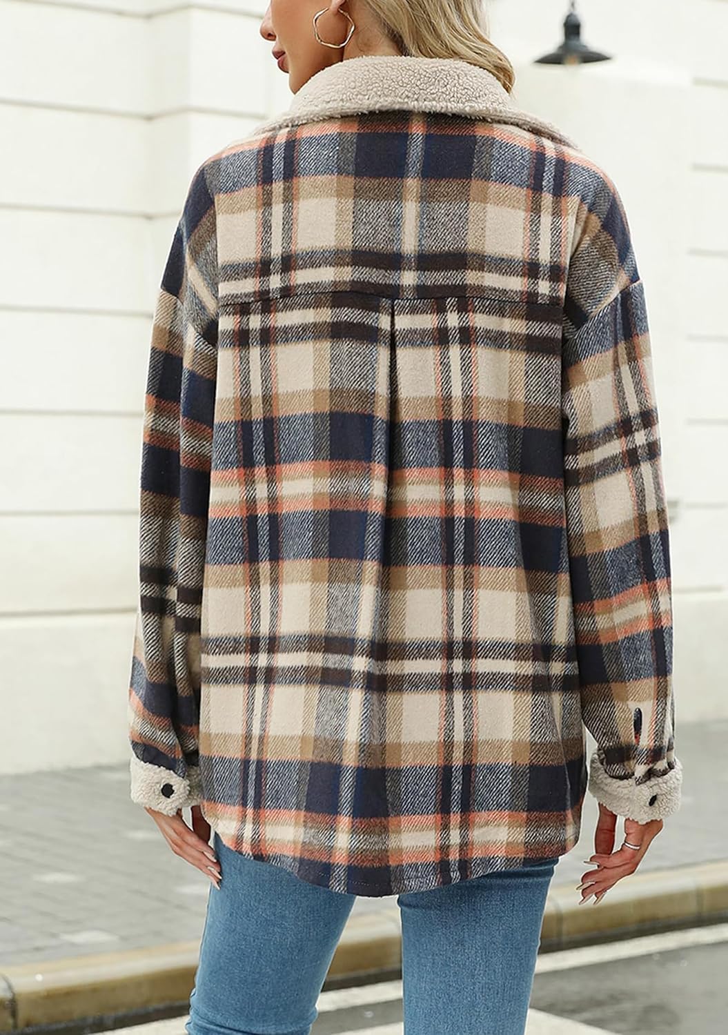 YMING Women's Flannel Lapel Collar Plaid Shacket Winter Oversized Thick Coat Snap Fleece Jacket with Pockets