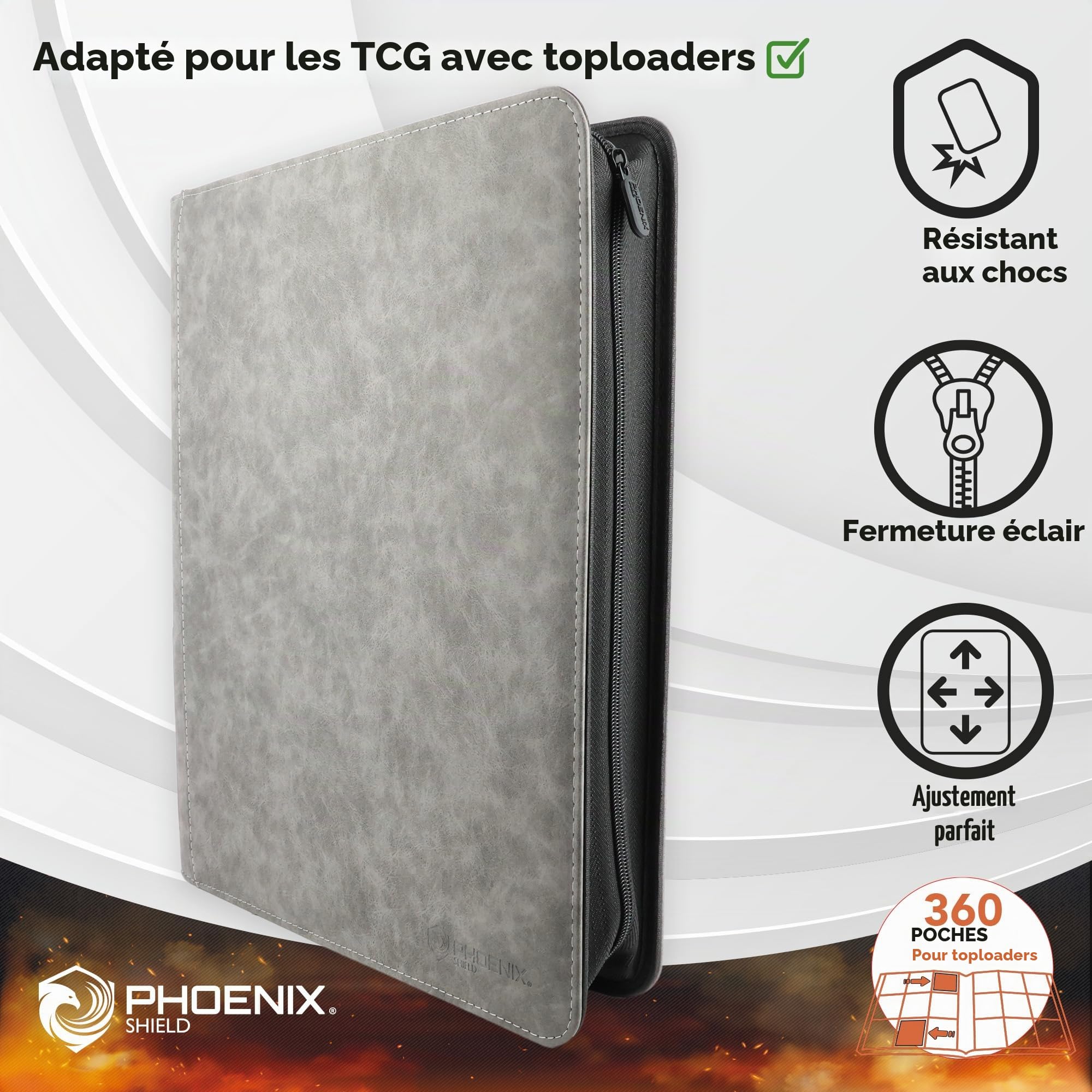 Phoenix Shield 69109 – Album Gris effet cuir 9 pochettes pour cartes en toploader (360 cartes) – Classeur rigide à fermeture éclair avec ouverture latérale