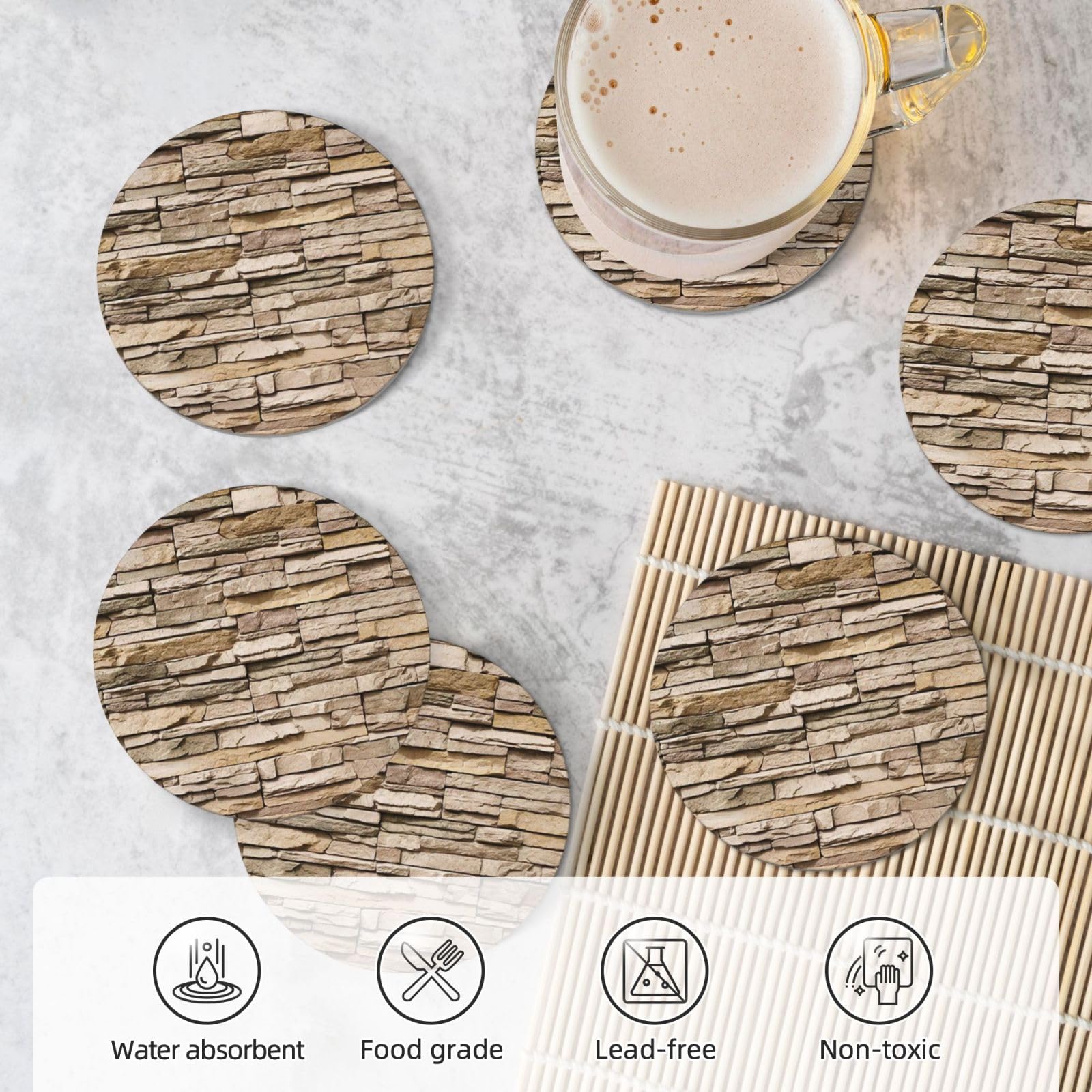 Rustic Rocks - Set di 6 sottobicchieri decorativi in ceramica con stampa a muro di mattoni