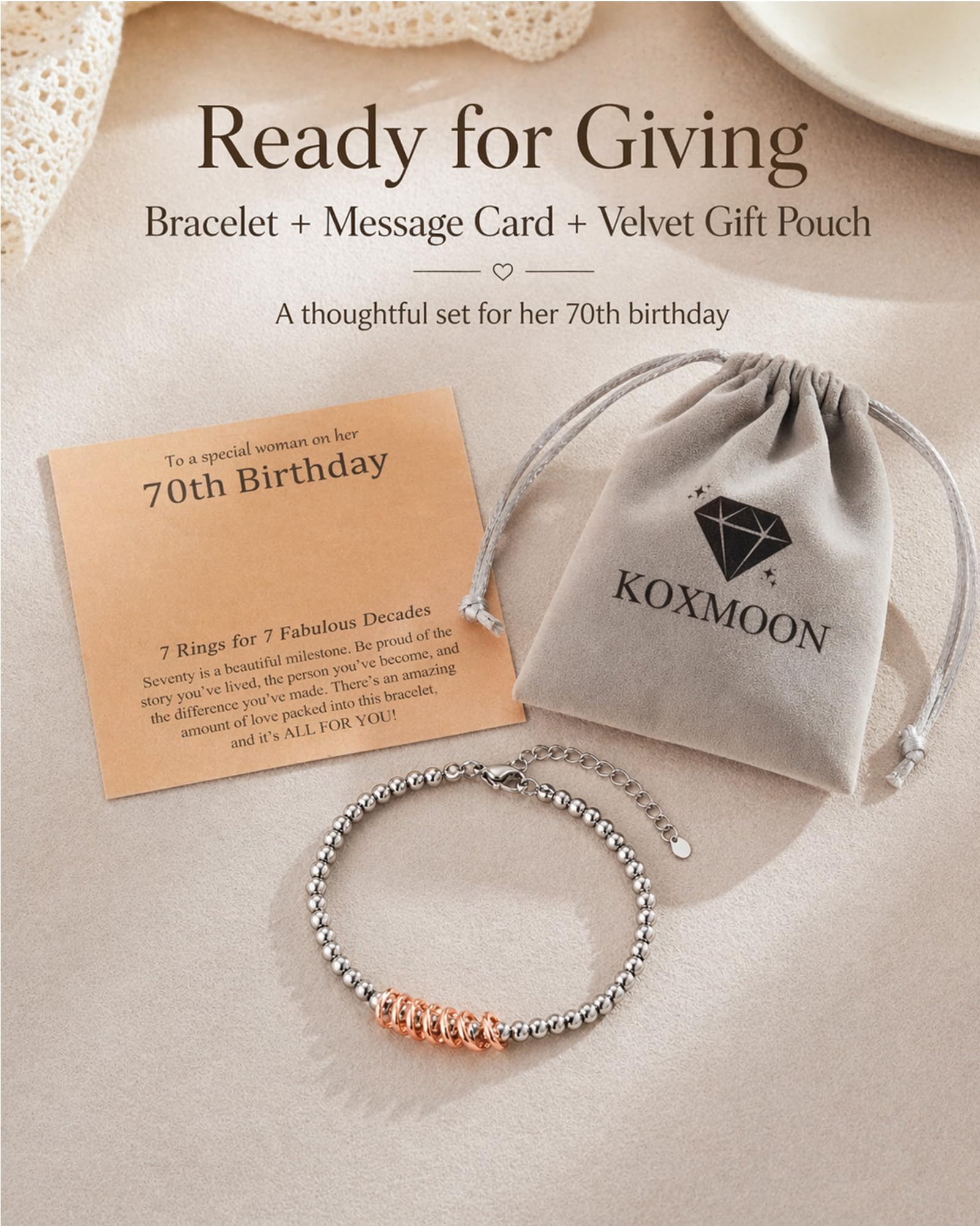 Classy 30th 40th 50th 60th 70th Birthday Gifts for Women Her, Inspirational Rose Gold Charm Bracelet Gifts for 30 50 60 Year Old Women Happy Birthday with Message Card