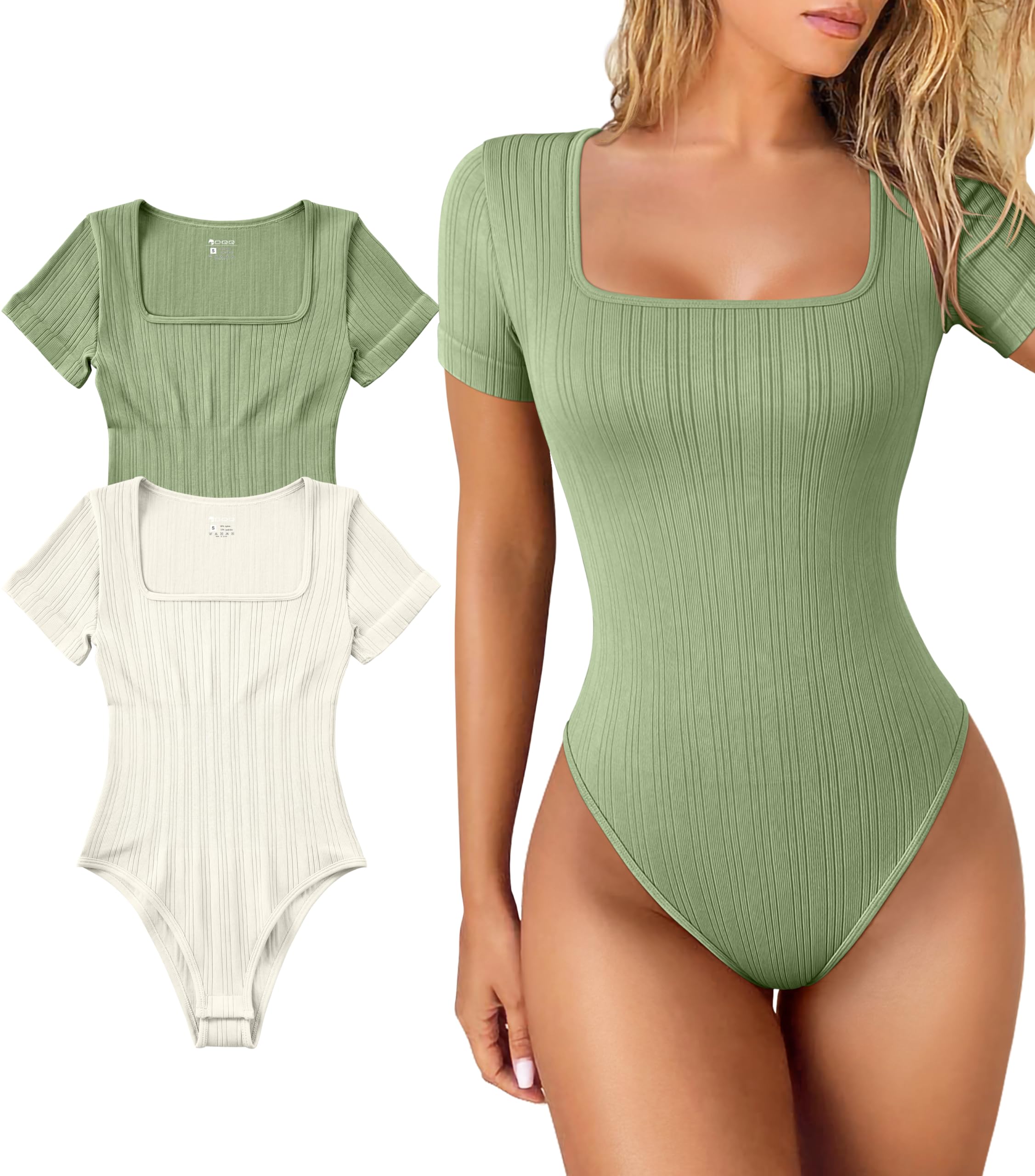 OQQ Women 2 Piece Bodysuits Short Sleeve Square Strech Basic Shirts Bodysuits Pea green Beige, Small