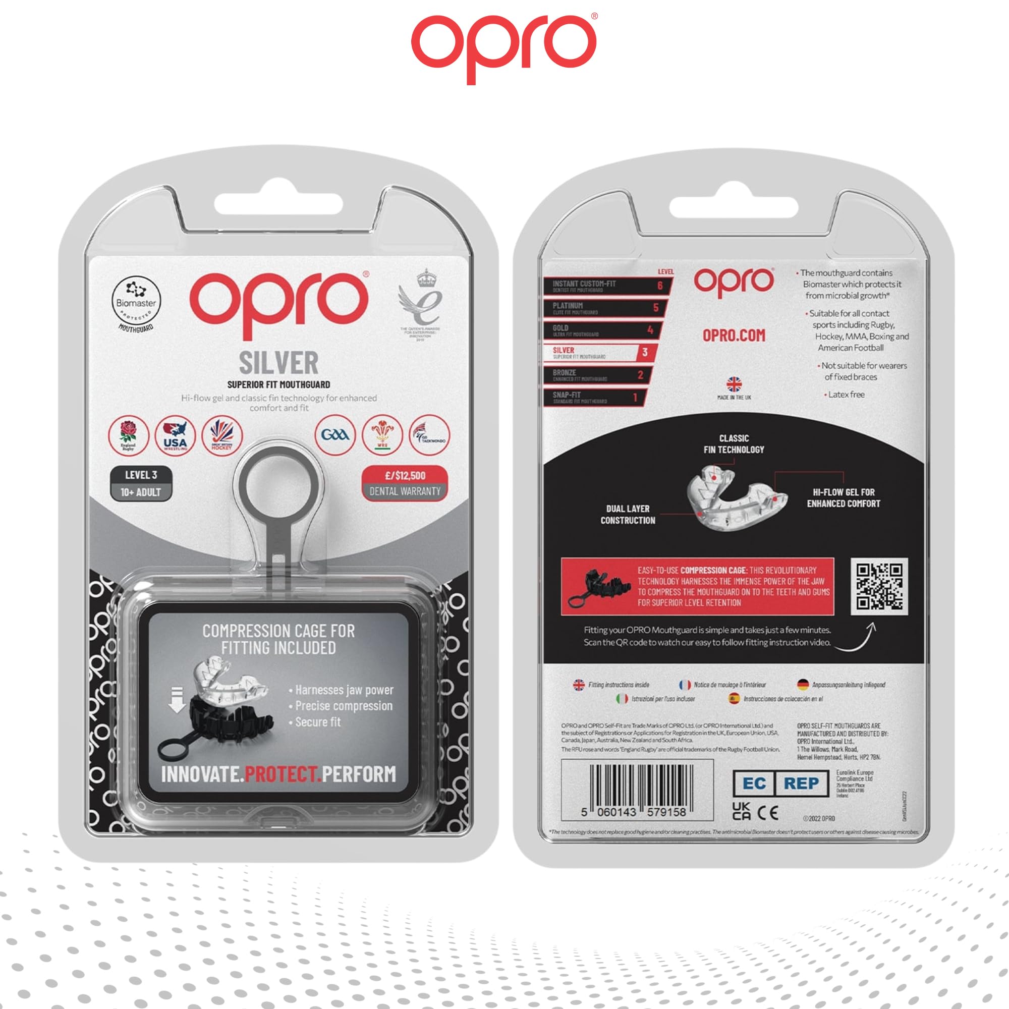 OPRO Protector Bucal Nivel Plata – Ajuste Esencial para Adultos y Niños – Bucal para Boxeo, MMA, BJJ, Rugby y Hockey – Moldeo Fácil