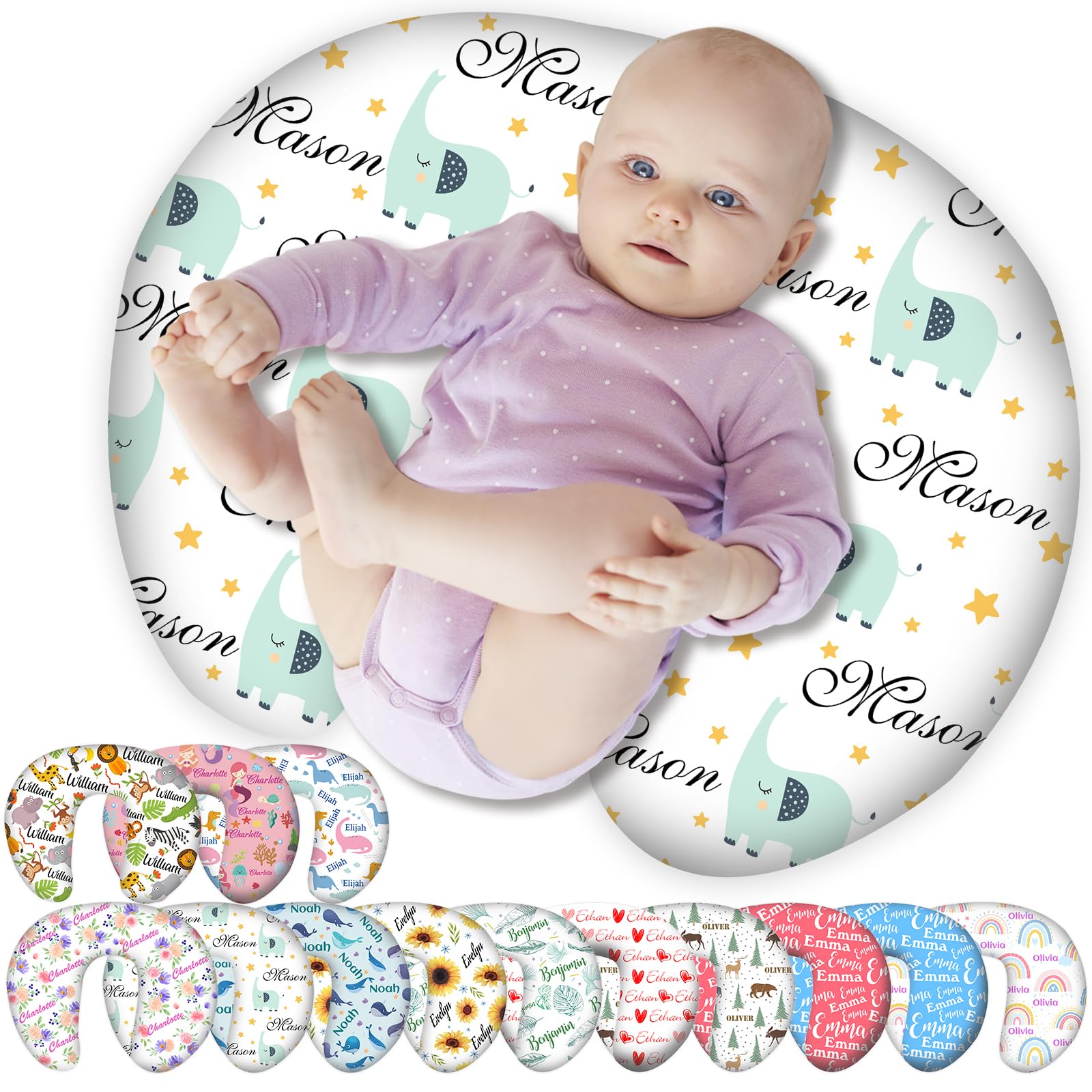 Personalised Nursing Pillow Cover Custom Baby Pillow Case with Name for Girl Boy Newborn Breastfeeding Pillow White-elephant