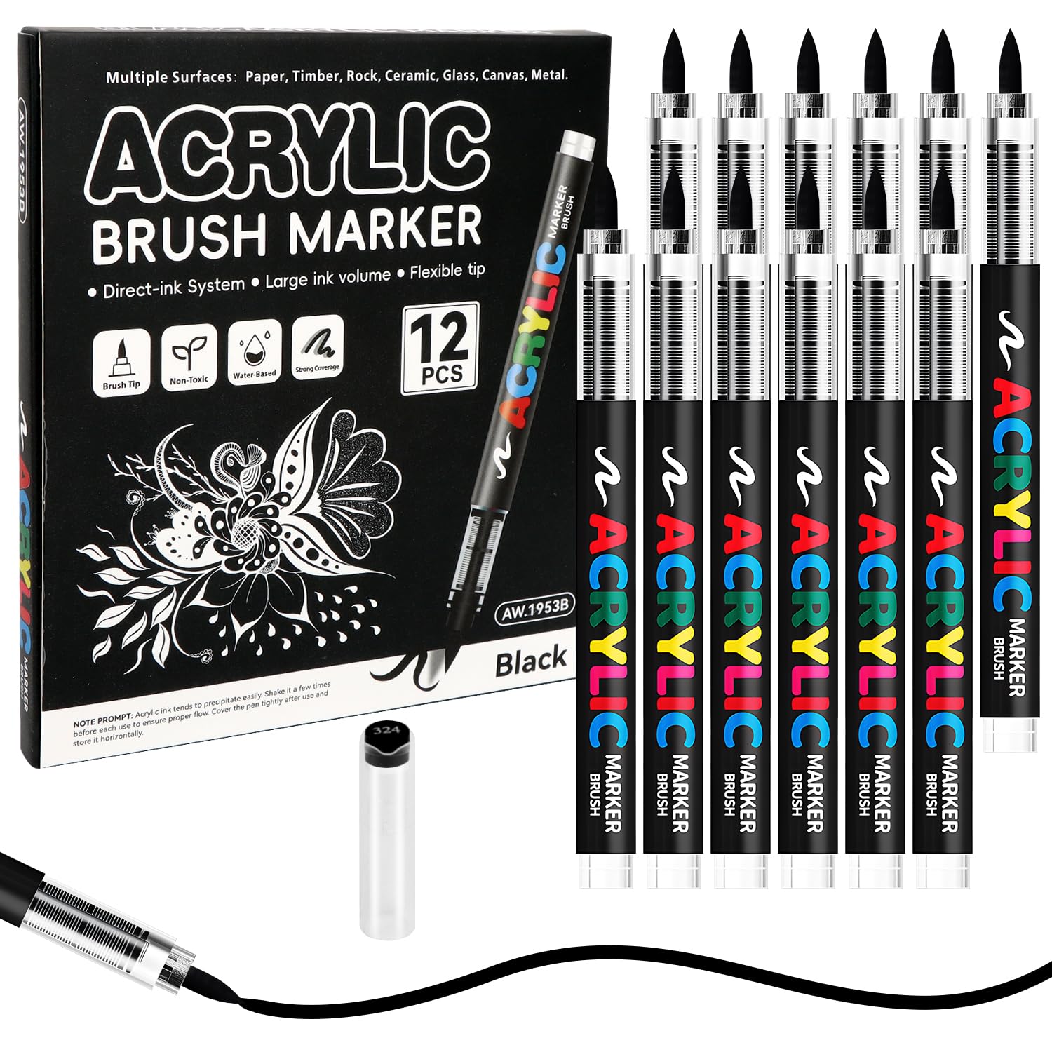 MOTIBACK 12-Pack Acrylic Paint Markers, Direct Ink Permanent Markers for Rock Glass Wood Fabric DIY Crafts, Fine to Broad Tips 1-5mm (Black)