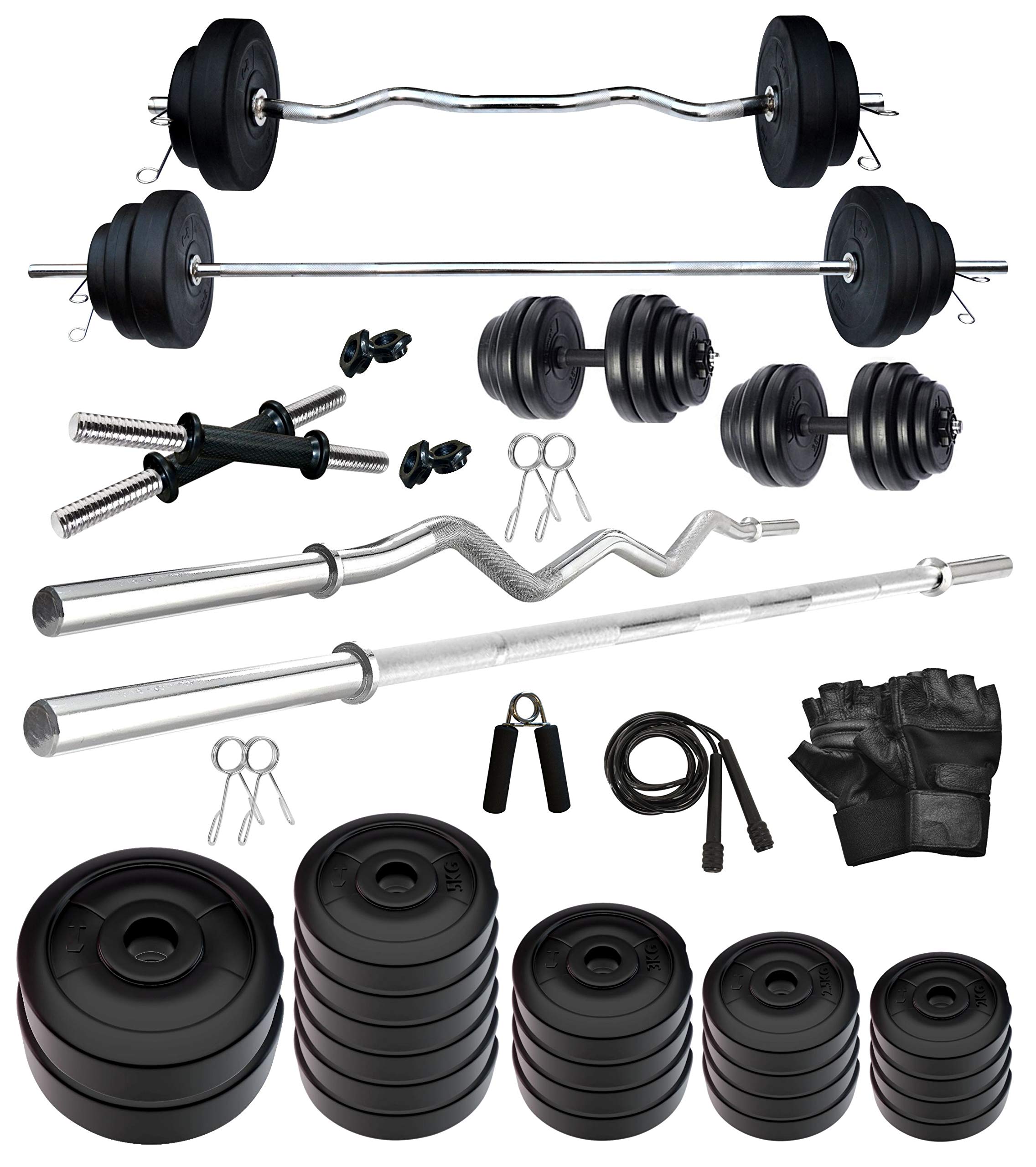 Kore PVC 80 Kg COMBO2-WB with One 5 Ft Plain + One 3 Ft Curl Rod and One Pair Dumbbell Rods with Gym Accessories Home Gym Set, Multicolor