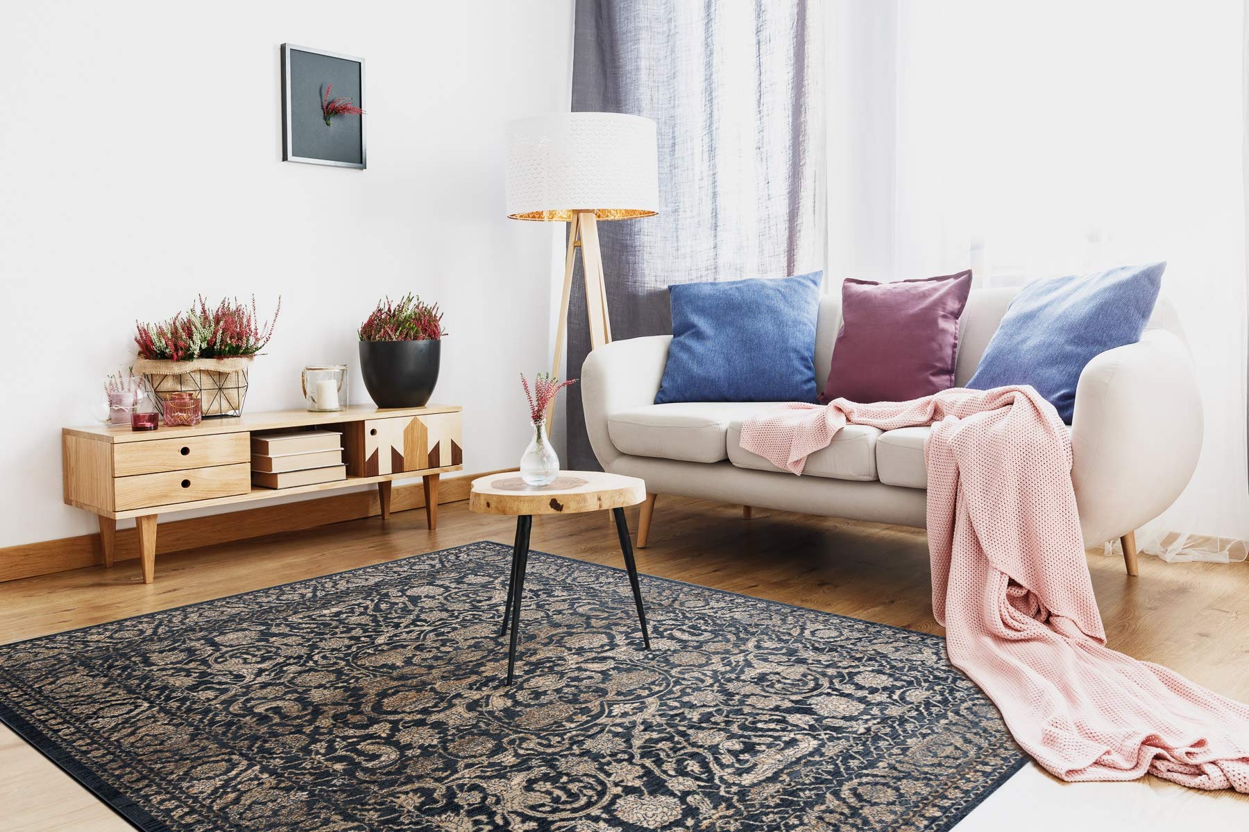 Teppich Wolle NAIN für Wohnzimmer Schlafzimmer beige/dunkelblau 80x150 cm