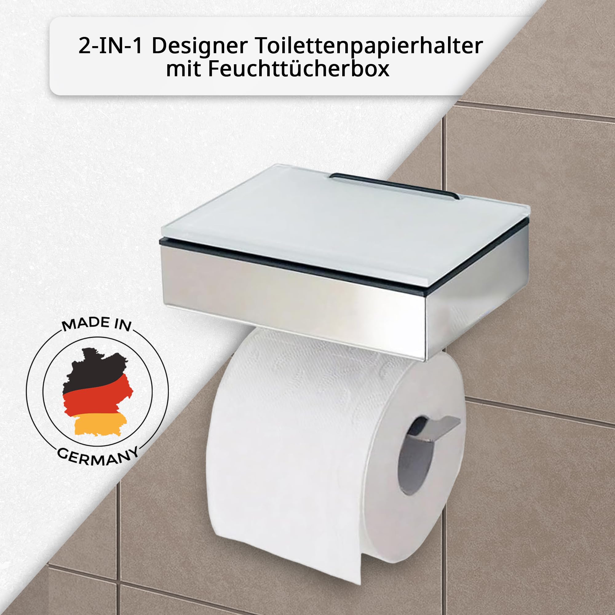 Toilettenpapierhalter mit Feuchttücherbox - Gehäuse Poliert & Abdeckung Glas Weiß- befüllbar von Rechts - Wandhalterung 2-in-1, Feuchttuchbox & Klopapierhalter aus Edelstahl, Made in Germany